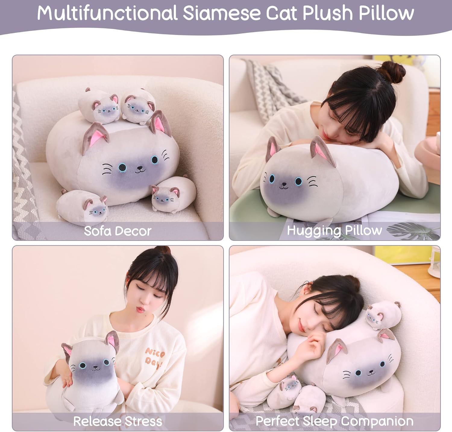 SQEQE Siamese Cat Plush Set 5 in 1 Stuffed Animal Pillow Kids Toy