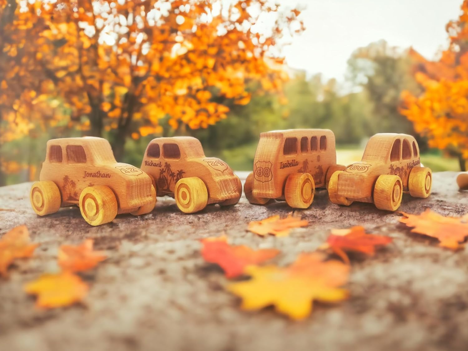 JOLLY WOODPECKER Personalized 4pcs Wooden Toy Cars for Toddlers 1-3