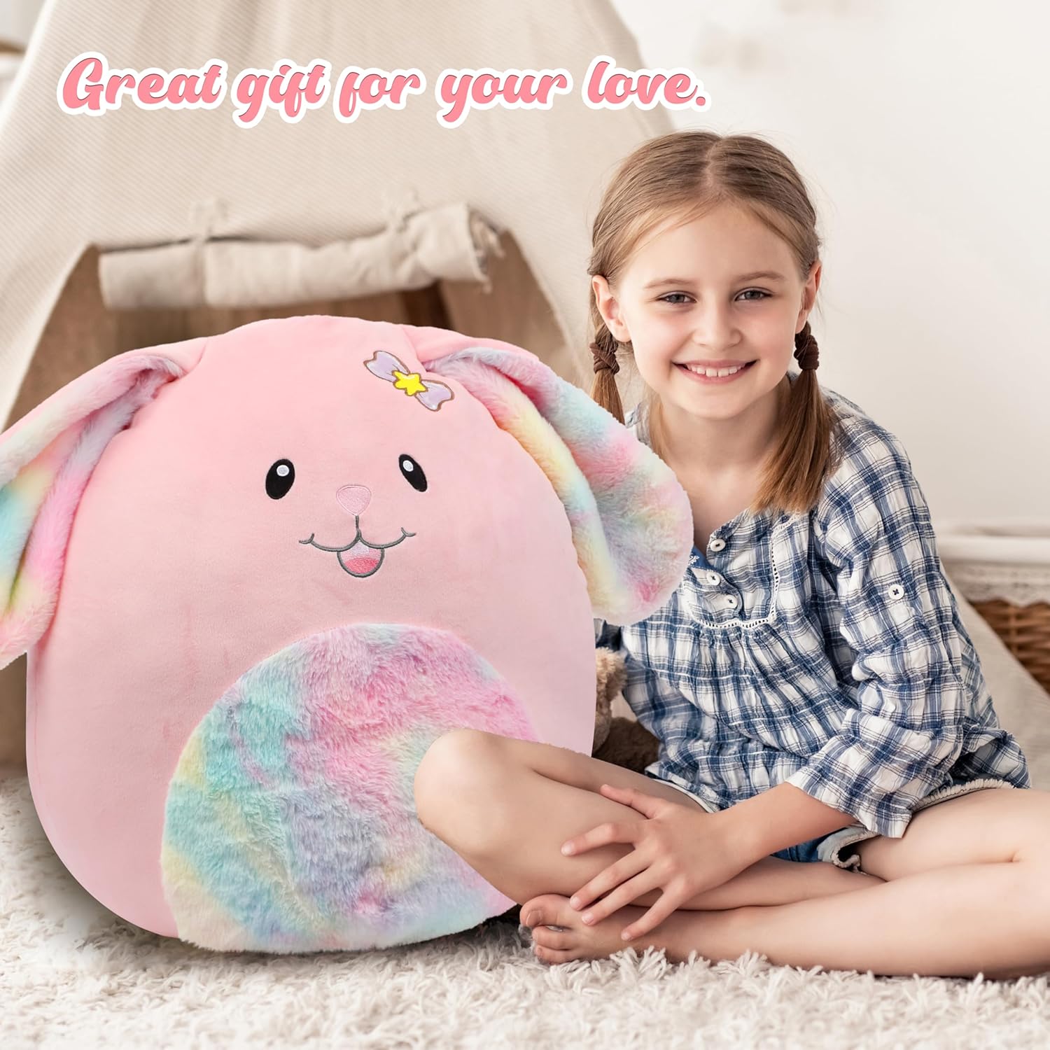 20-Inch Bunny Plush Pillow with Rainbow Belly