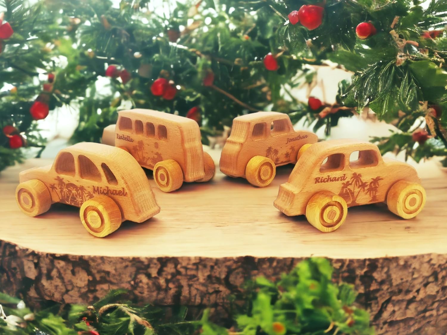 JOLLY WOODPECKER Personalized 4pcs Wooden Toy Cars for Toddlers 1-3
