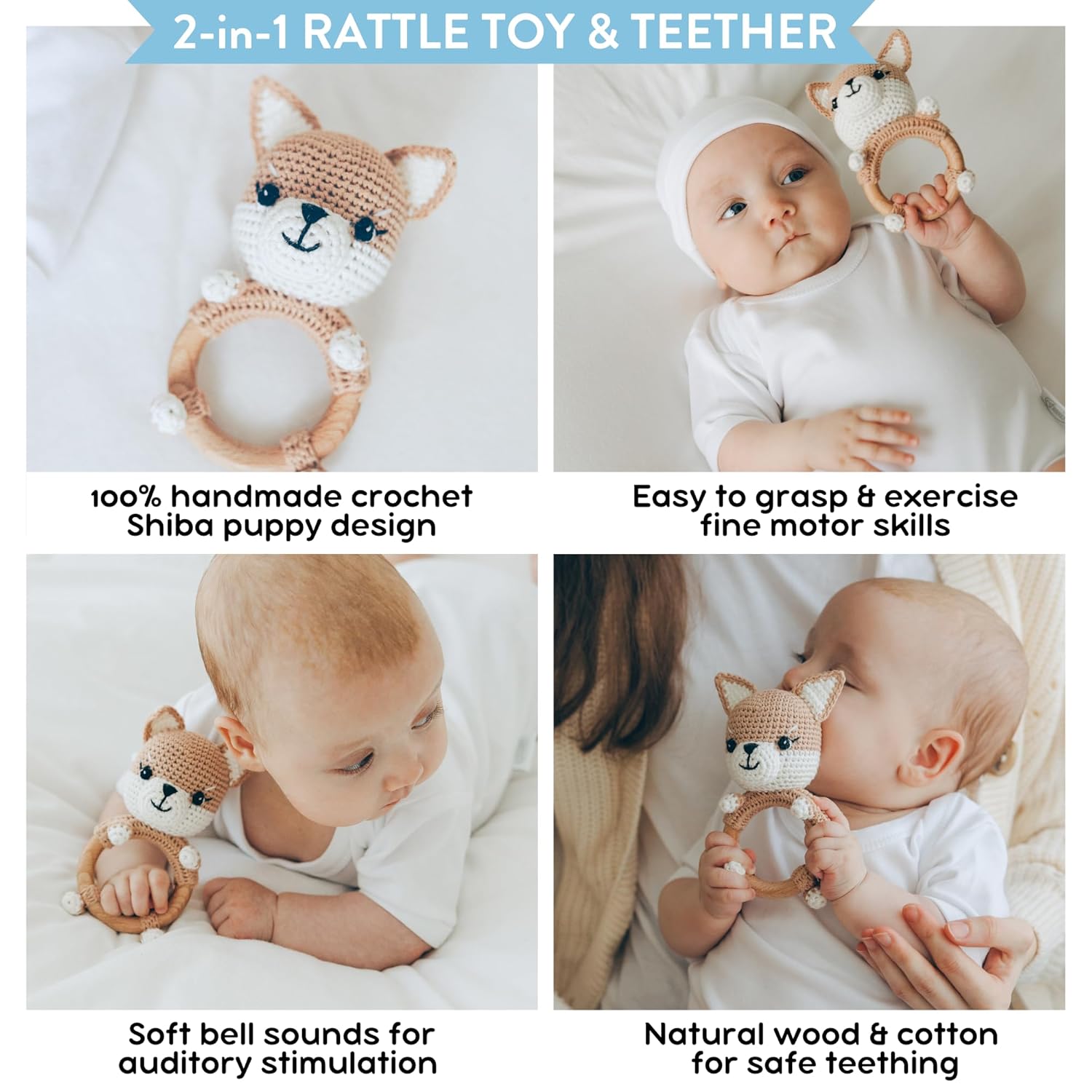 Handmade Wooden Dog Rattle Toy for Baby Teething