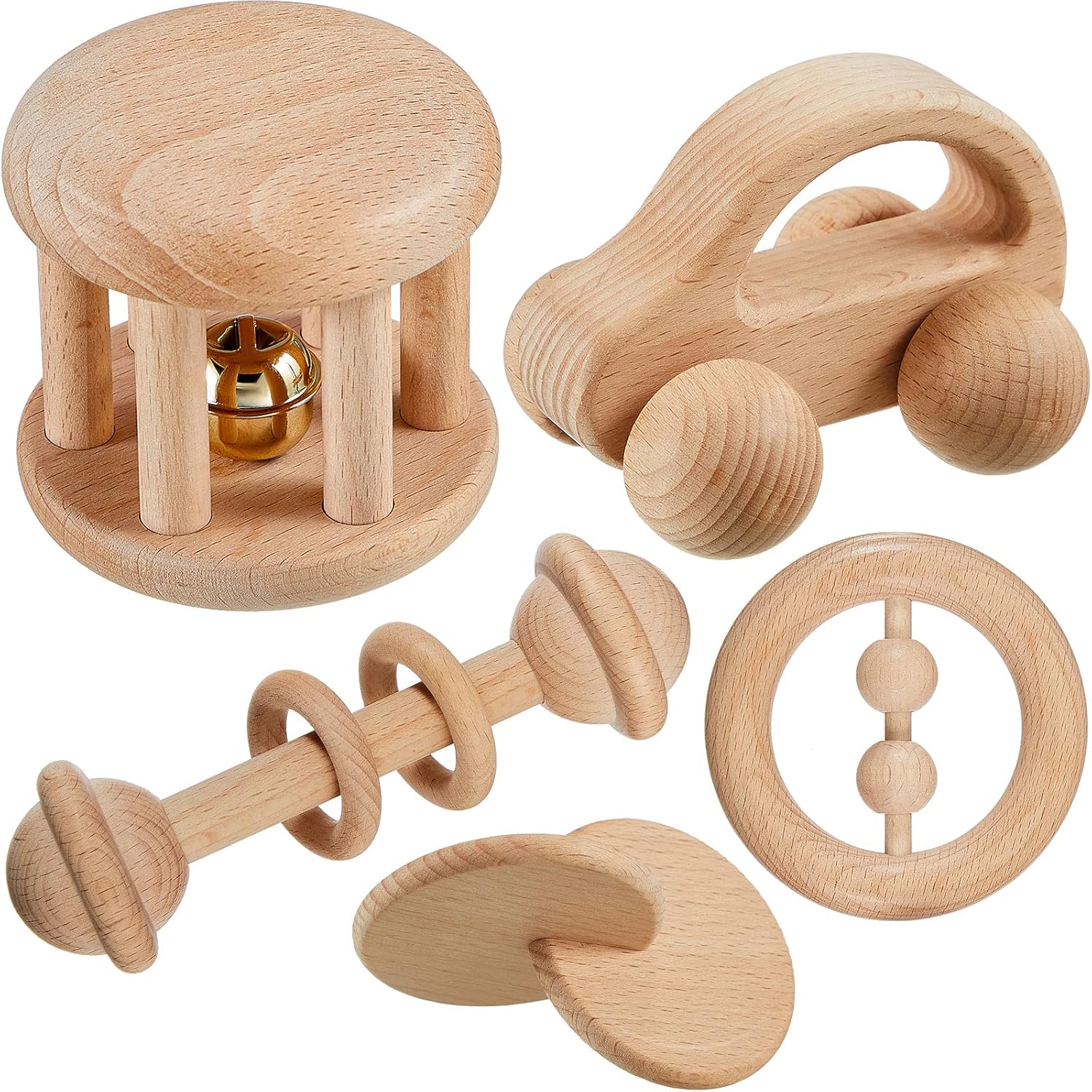 Zhanmai 5-Piece Wooden Baby Toys with Bells and Rattles