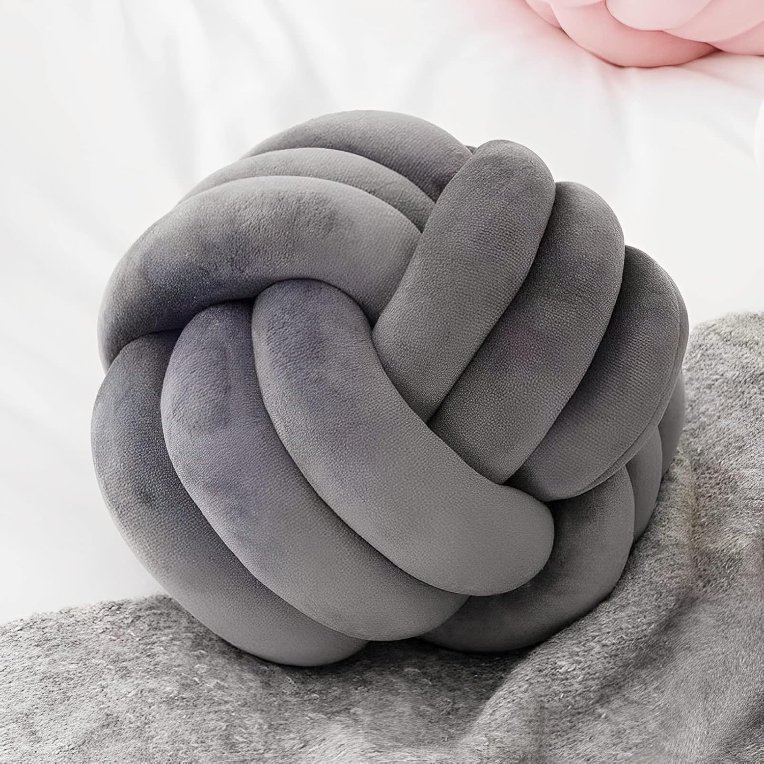 KEBAIHUA Knotted Ball Pillow Dark Grey Plush Throw Cushion