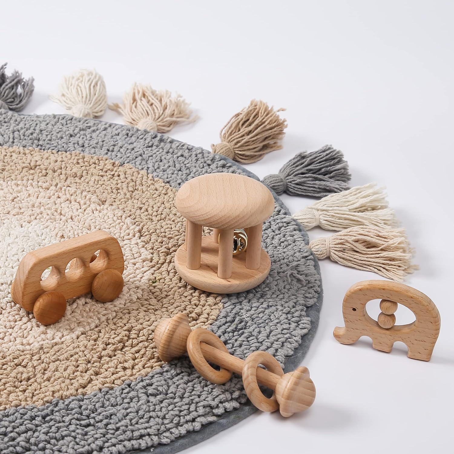 Organic Wooden Baby Rattle Montessori Bell Roller Toy