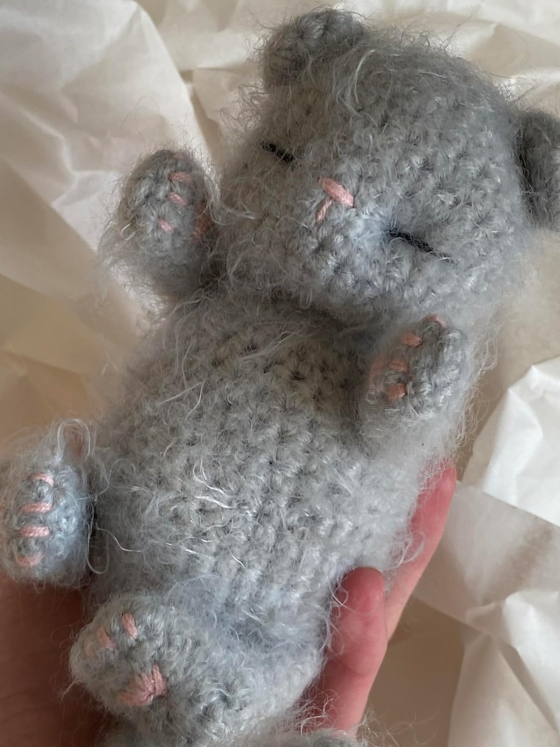 Fluffy Sleeping Kitten Grey Toy Crib Safe Crochet Kitten