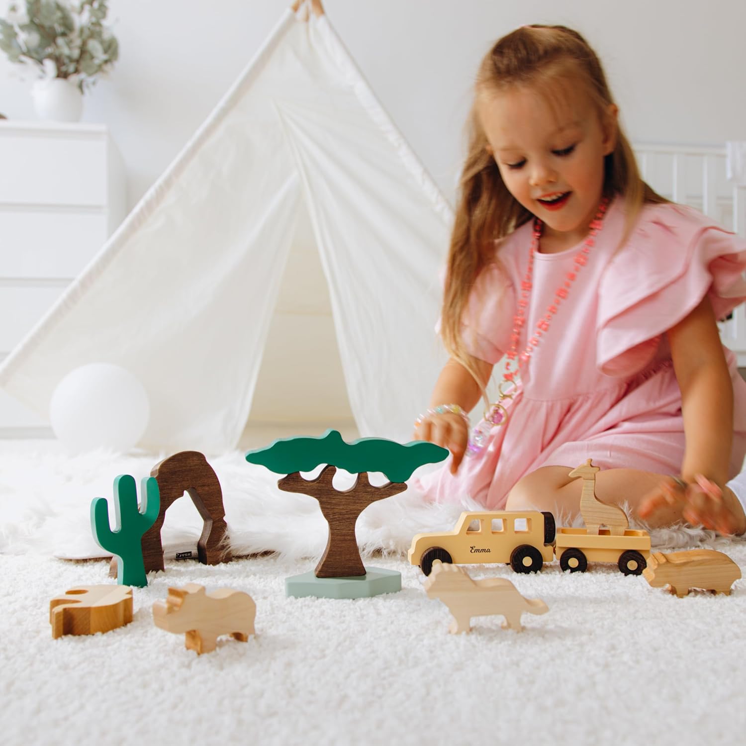 Personalized Wooden Car Dinosaur Play Set for Kids