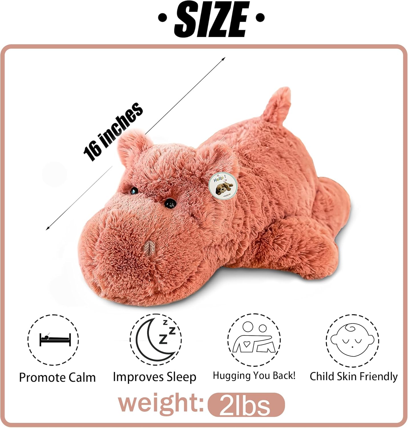 YOUBLEK 16 Pink Hippo Weighted Plush Toy