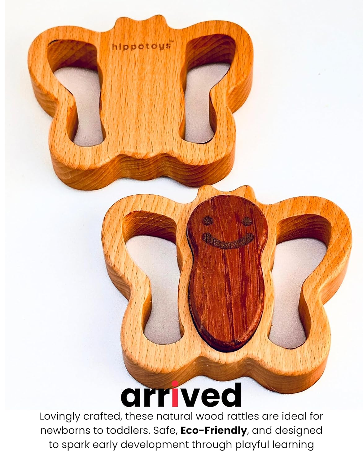 HippoToys Wooden Baby Rattle - Handmade 0-12 Months