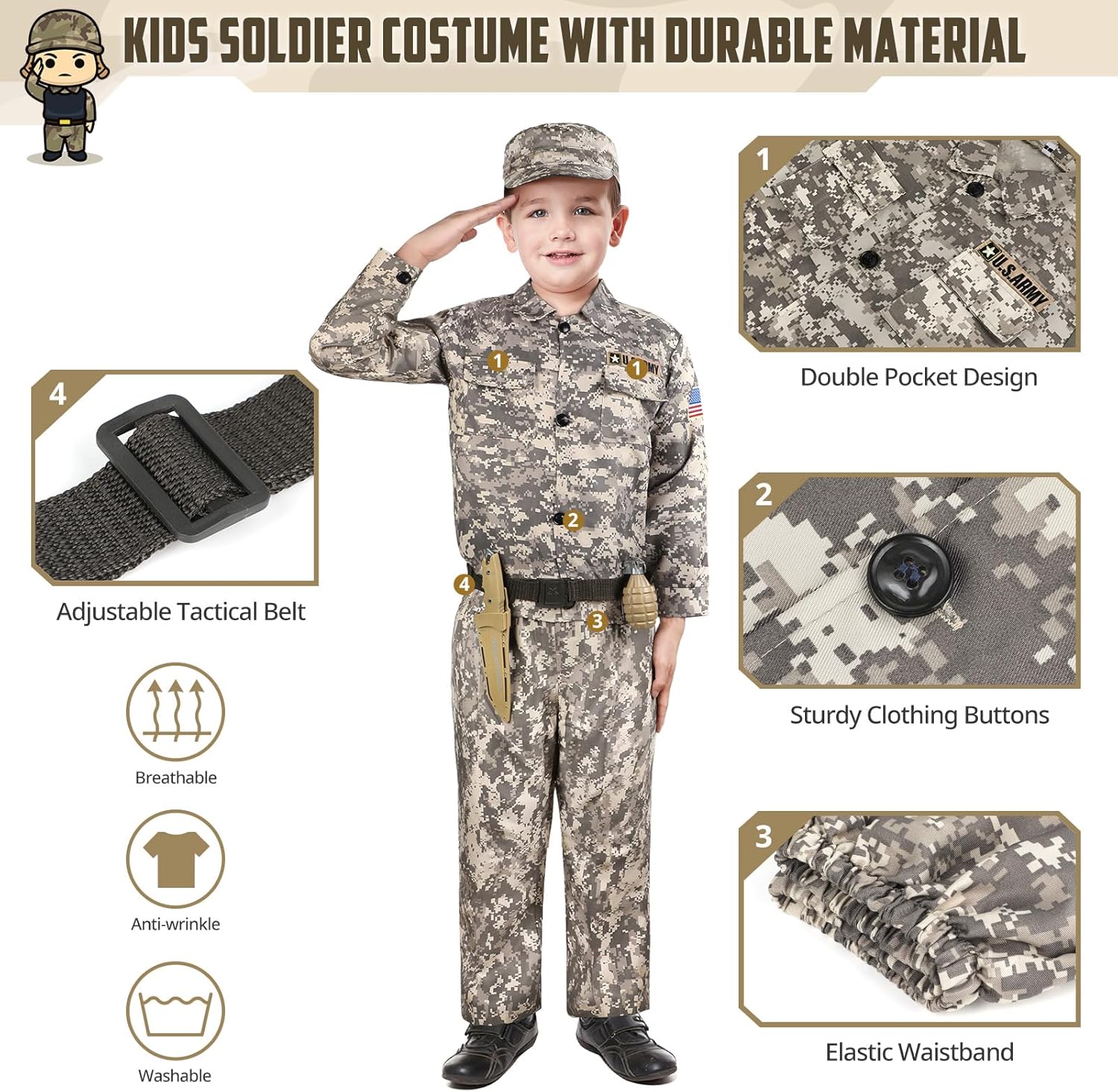 GIFTINBOX Kids Army Soldier Costume Set for Boys 3-12