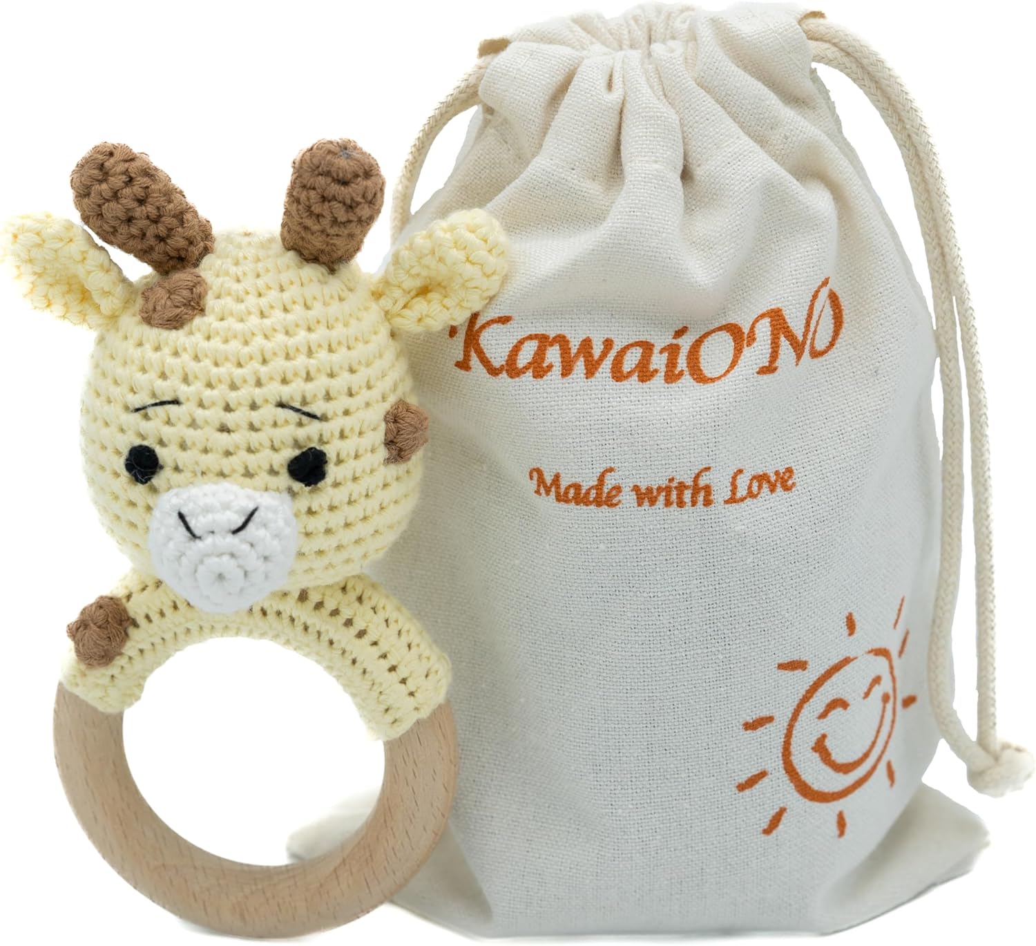 Handmade Cotton Giraffe Rattler with Wooden Handle