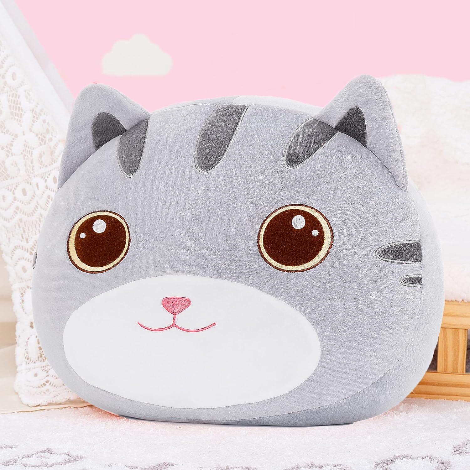 Cat Plush Pillow Toy for Kids Gray 15 Inches