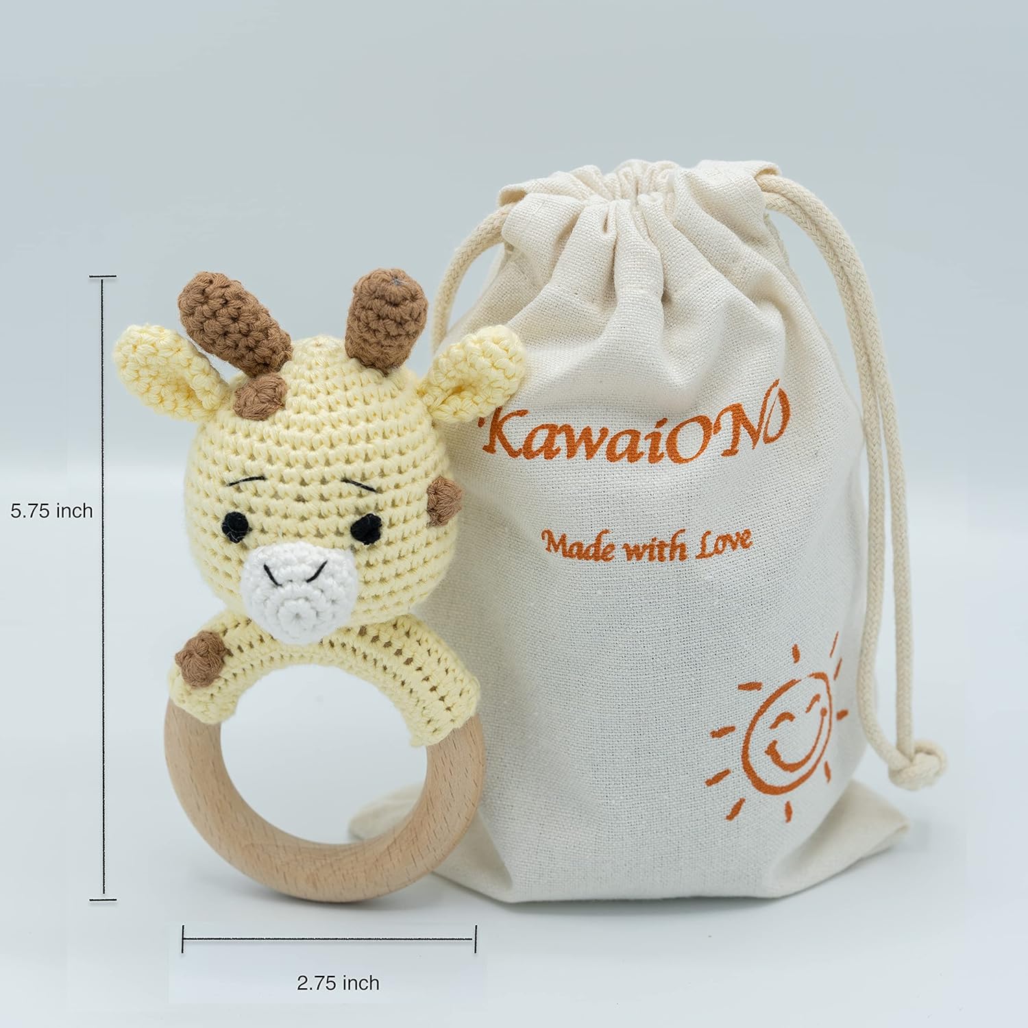 Handmade Cotton Giraffe Rattler with Wooden Handle