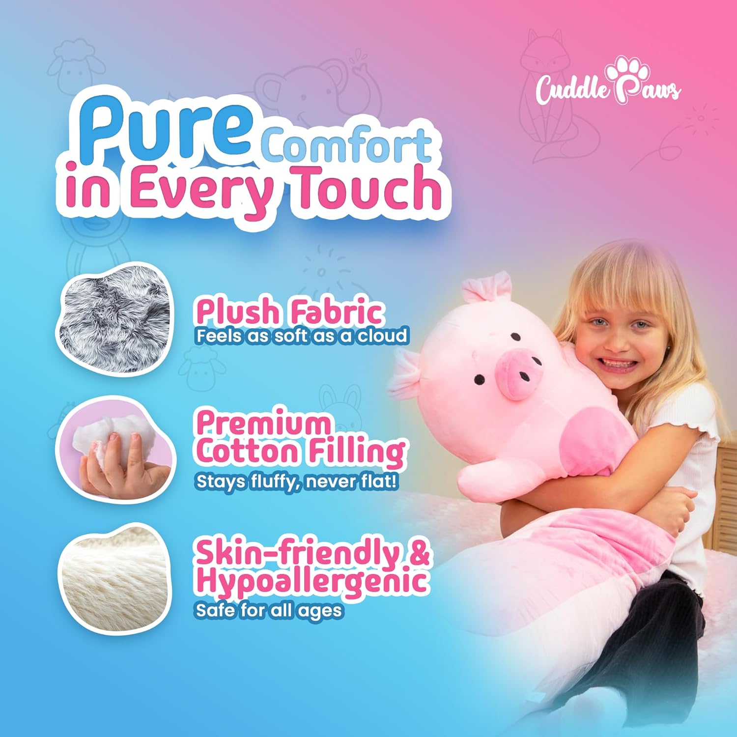 Cuddle Paws Big Pig Plush Pillow Soft Snug for Kids