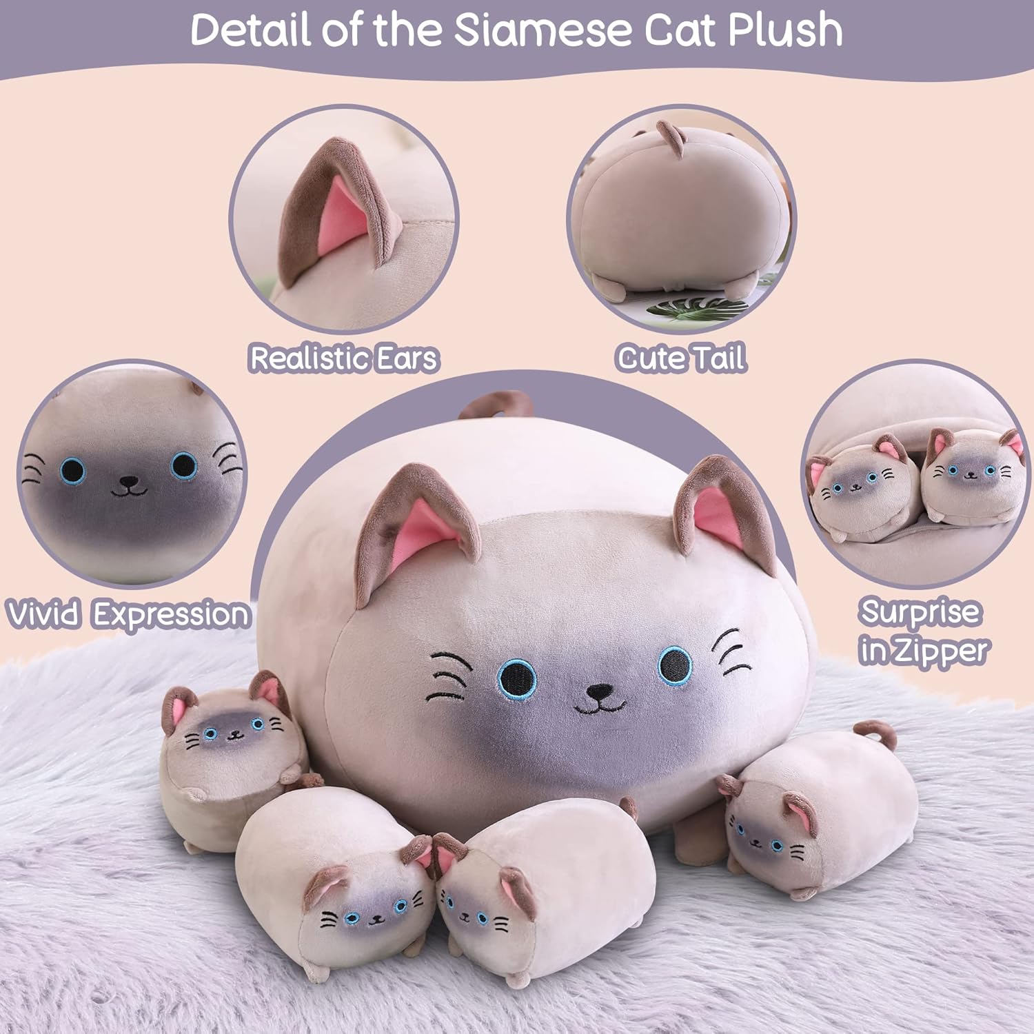 SQEQE Siamese Cat Plush Set 5 in 1 Stuffed Animal Pillow Kids Toy