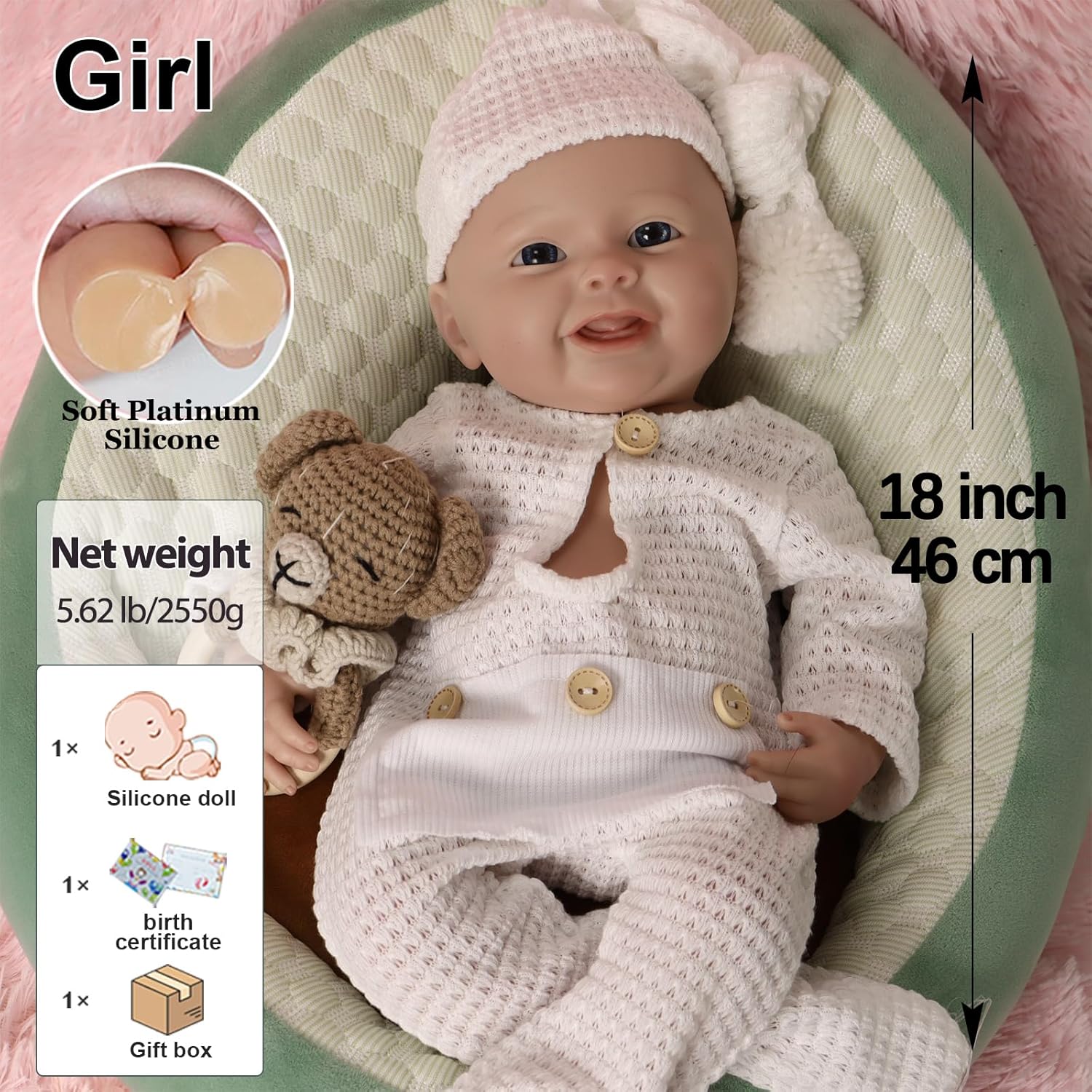 Oppaionaho 18 Inch Silicone Reborn Baby Doll Girl
