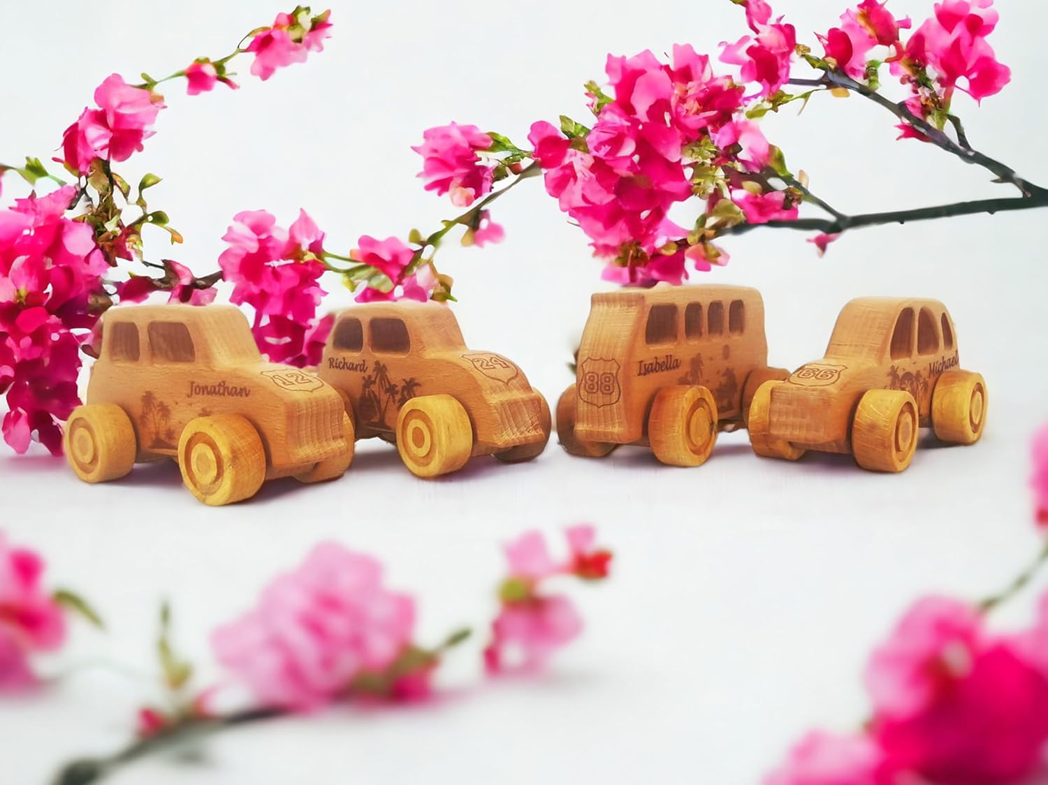 JOLLY WOODPECKER Personalized 4pcs Wooden Toy Cars for Toddlers 1-3