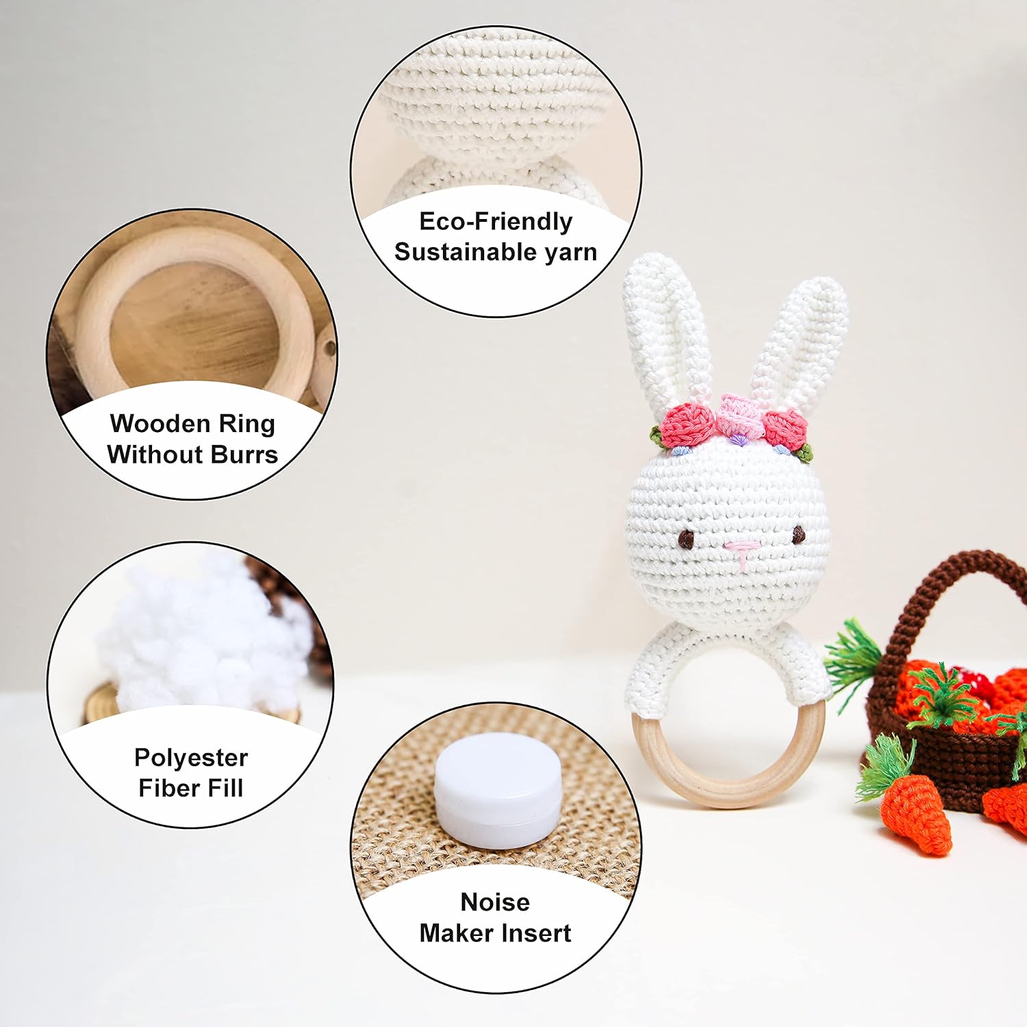 Bunny Rattles Toy for Toddlers Handmade Woolen with Safety Testing