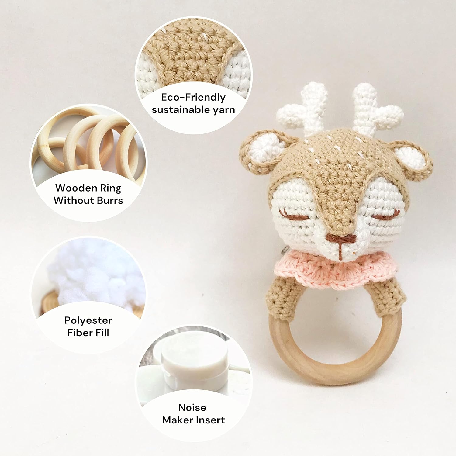 Bunny - Beige Reindeer Rattle Handmade Woolen Toy