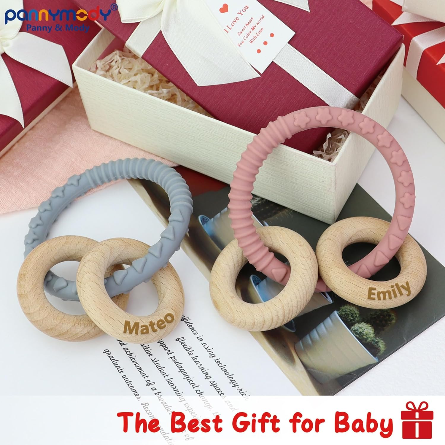 Personalized Name Baby Rattle Teether Ring Pink