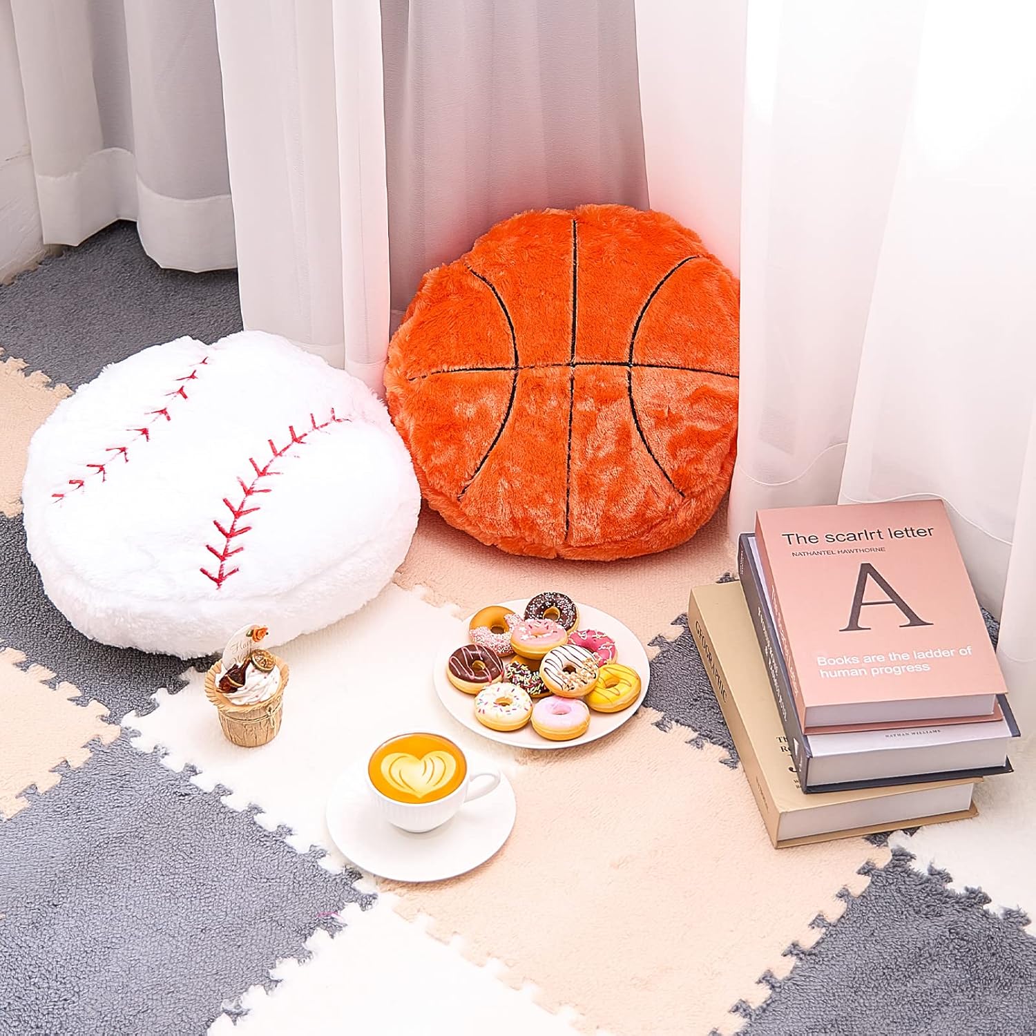 Juexica 4 Pcs Sports Throw Pillows Plush Soccer Basketball Baseball Football Cushion