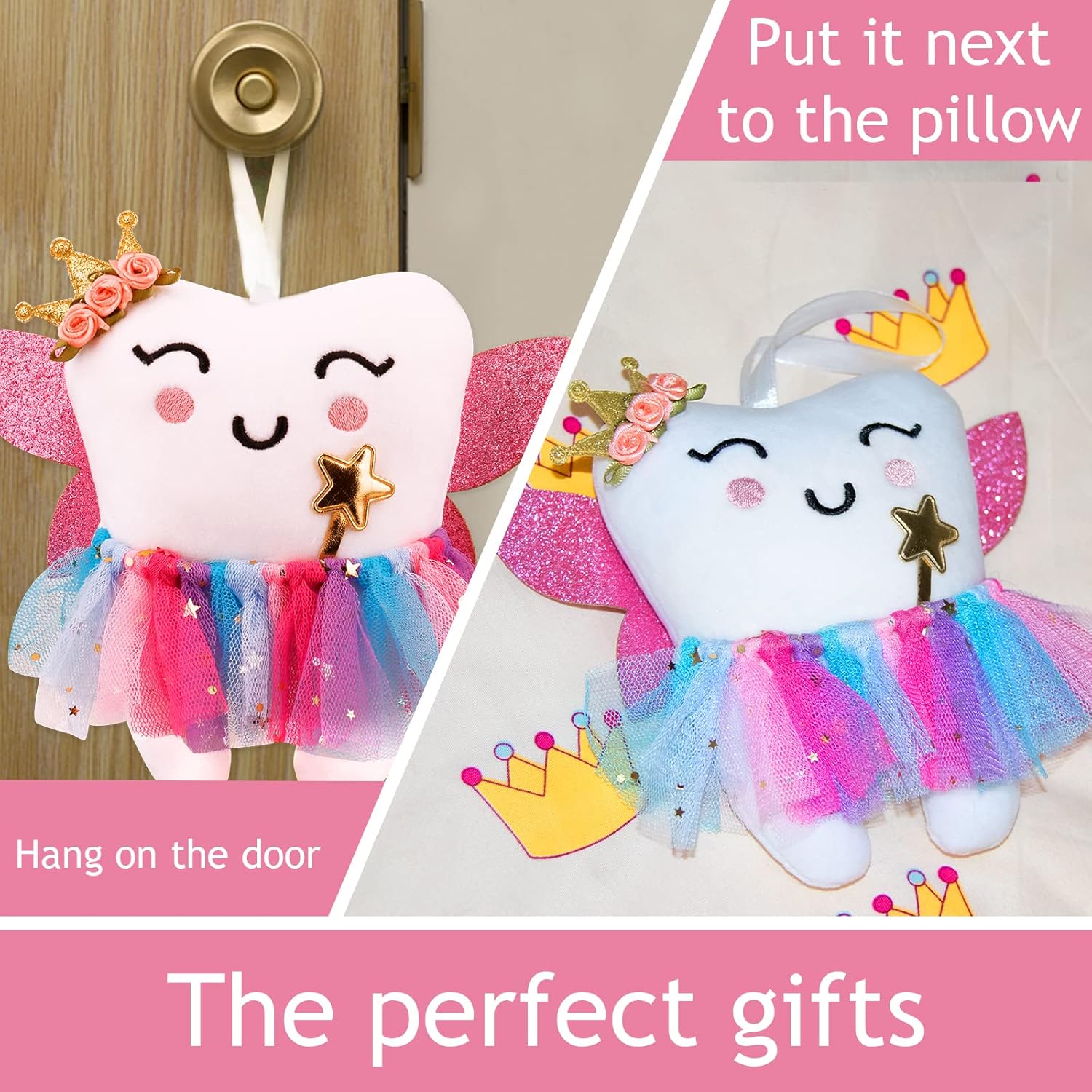 SQIMZAR Tooth Fairy Pillow for Girls with Glittering Wings