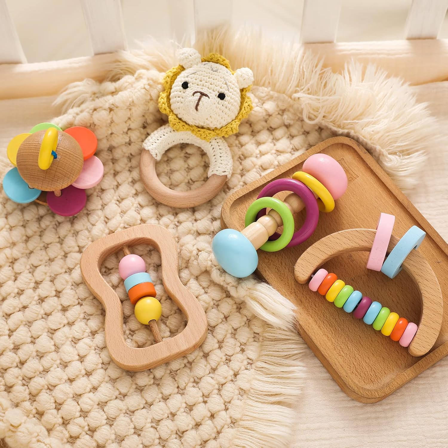 Wooden Baby Rattle Set 5PCS Montessori Toys for Newborn Infant