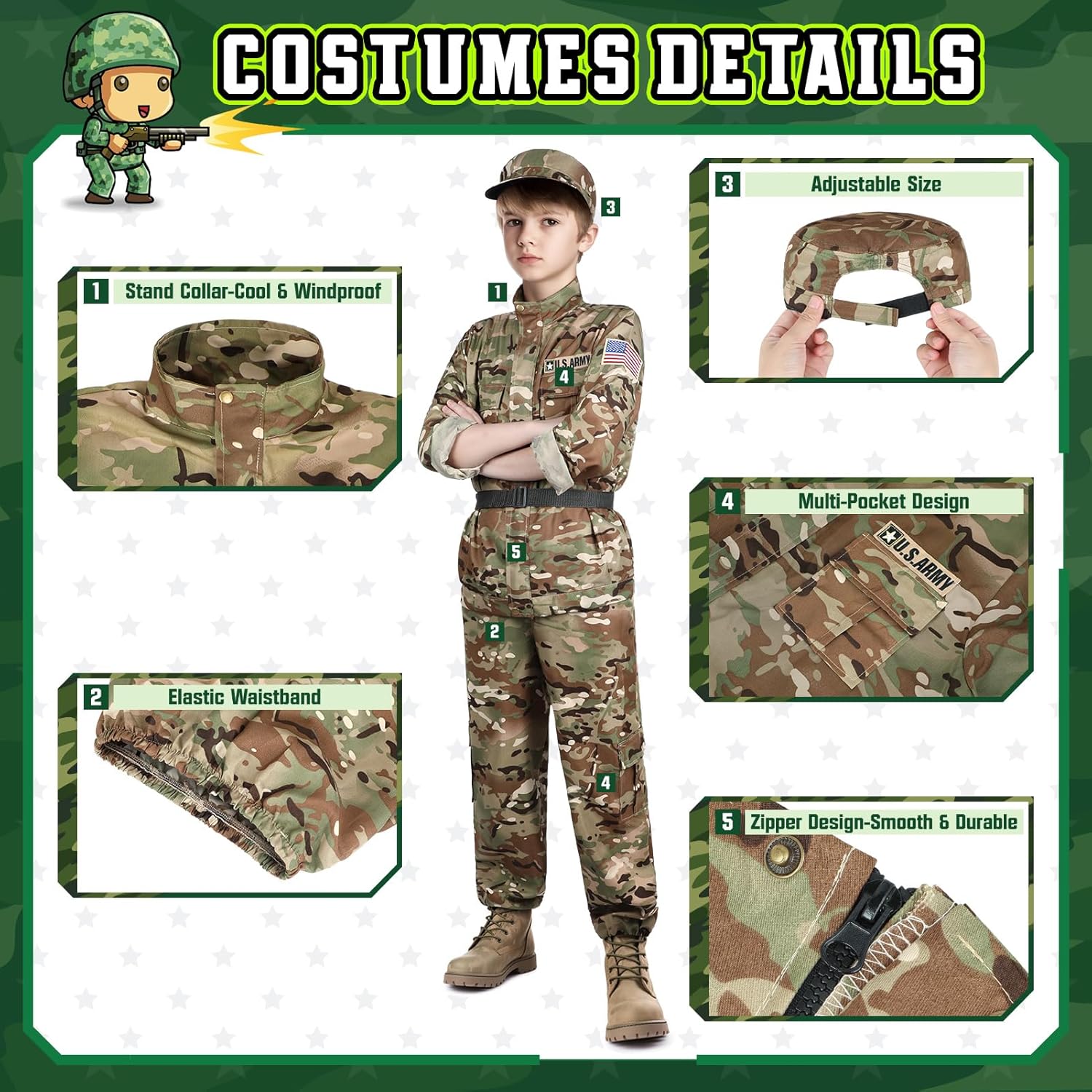 GIFTINBOX Kids Army Costume Set Halloween 3-12