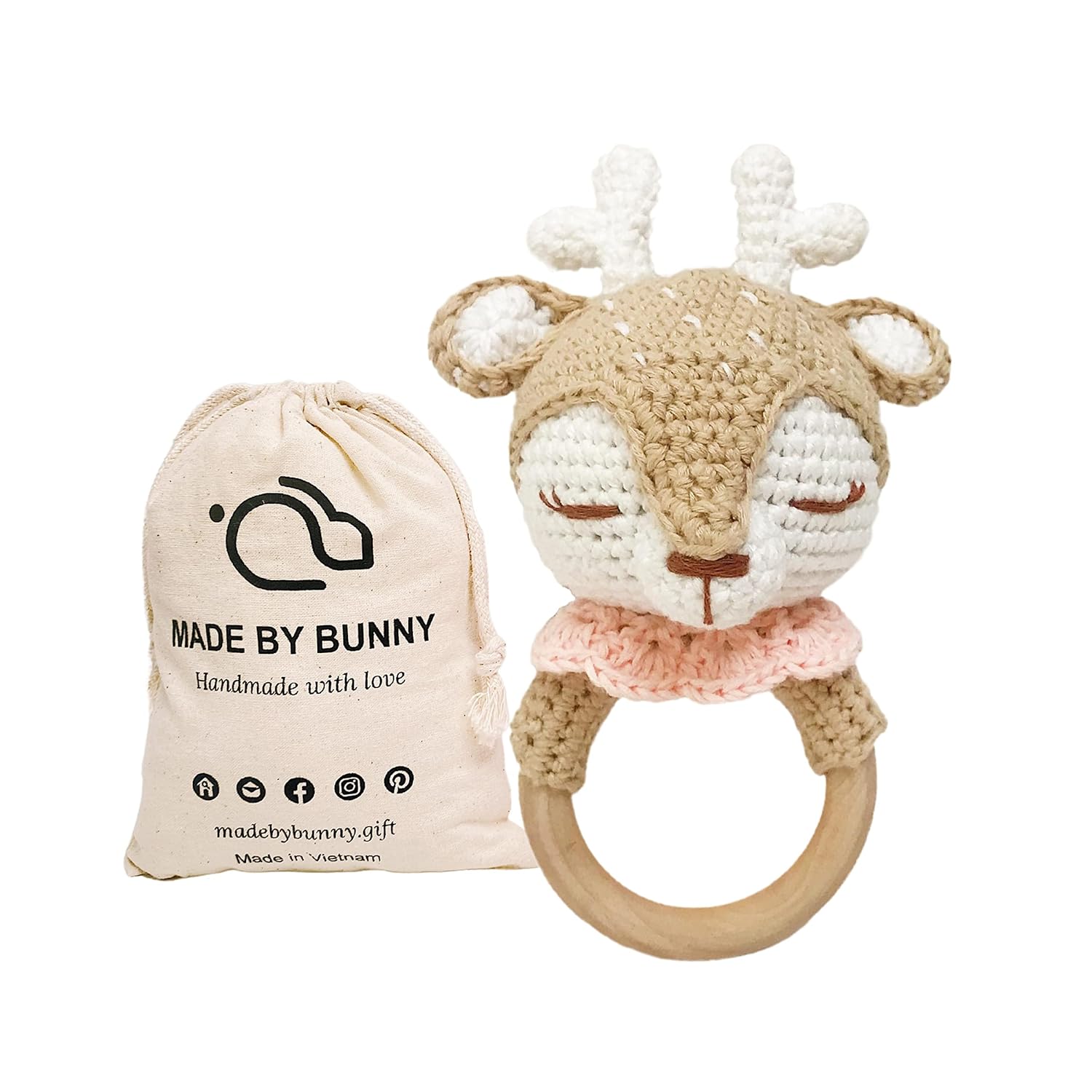 Bunny - Beige Reindeer Rattle Handmade Woolen Toy