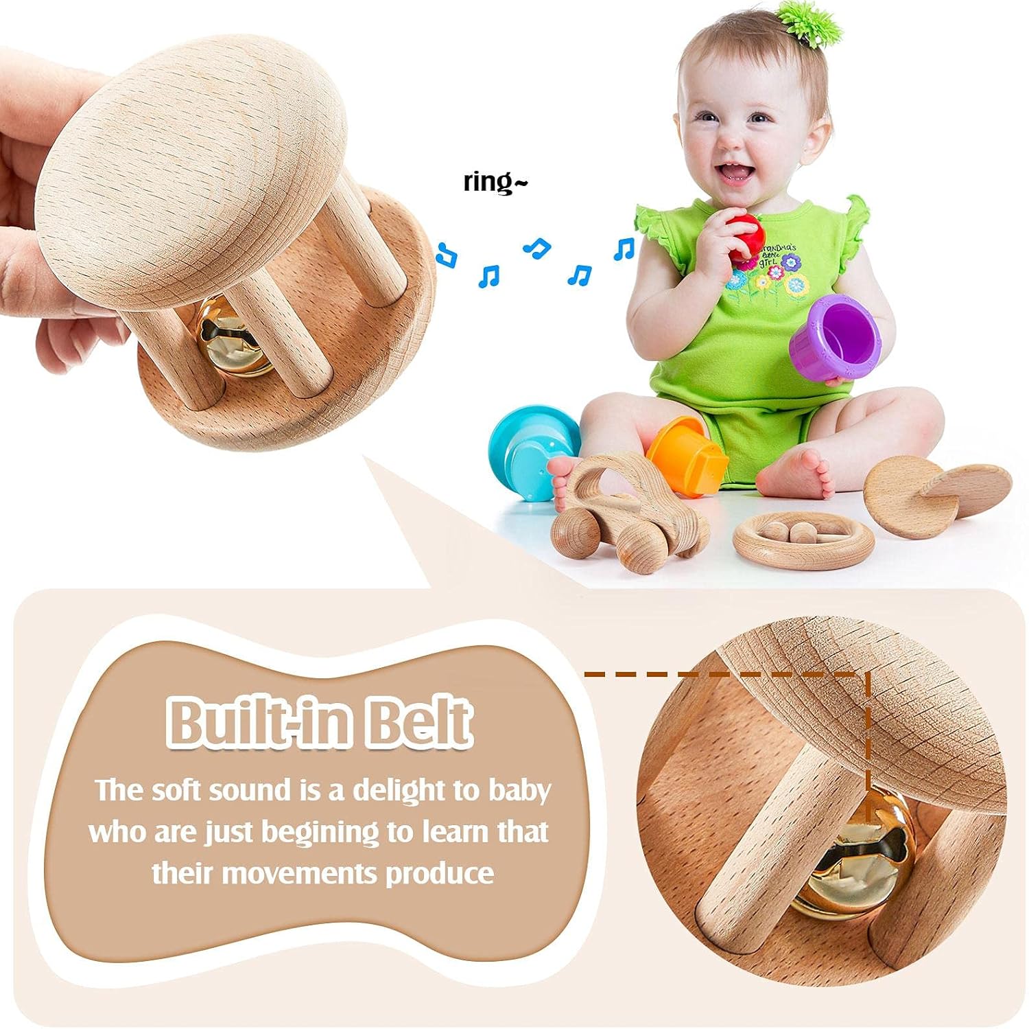 Zhanmai 5-Piece Wooden Baby Toys with Bells and Rattles