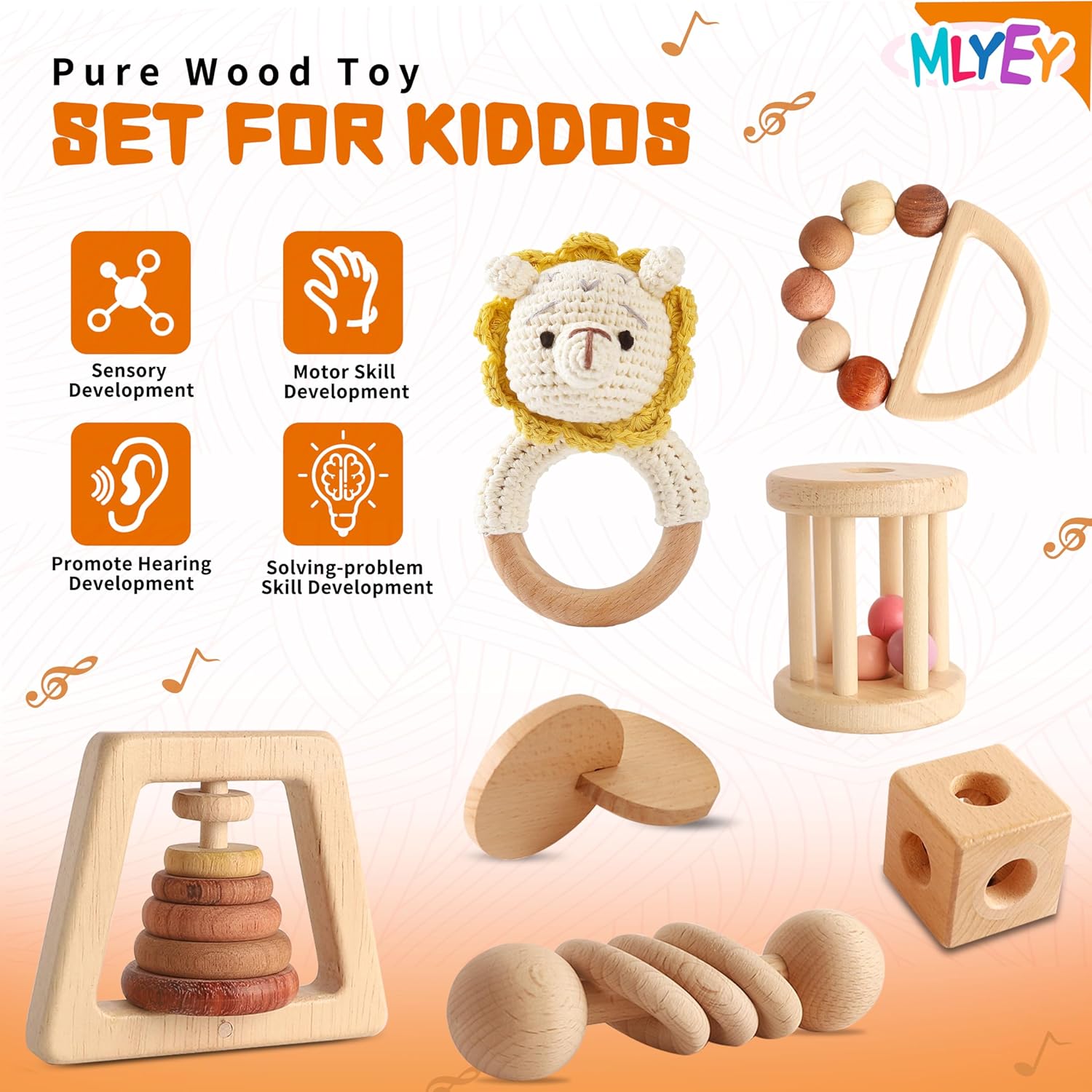 MLYEY 7PCS Wooden Montessori Toy Set for Babies 12-36 Months