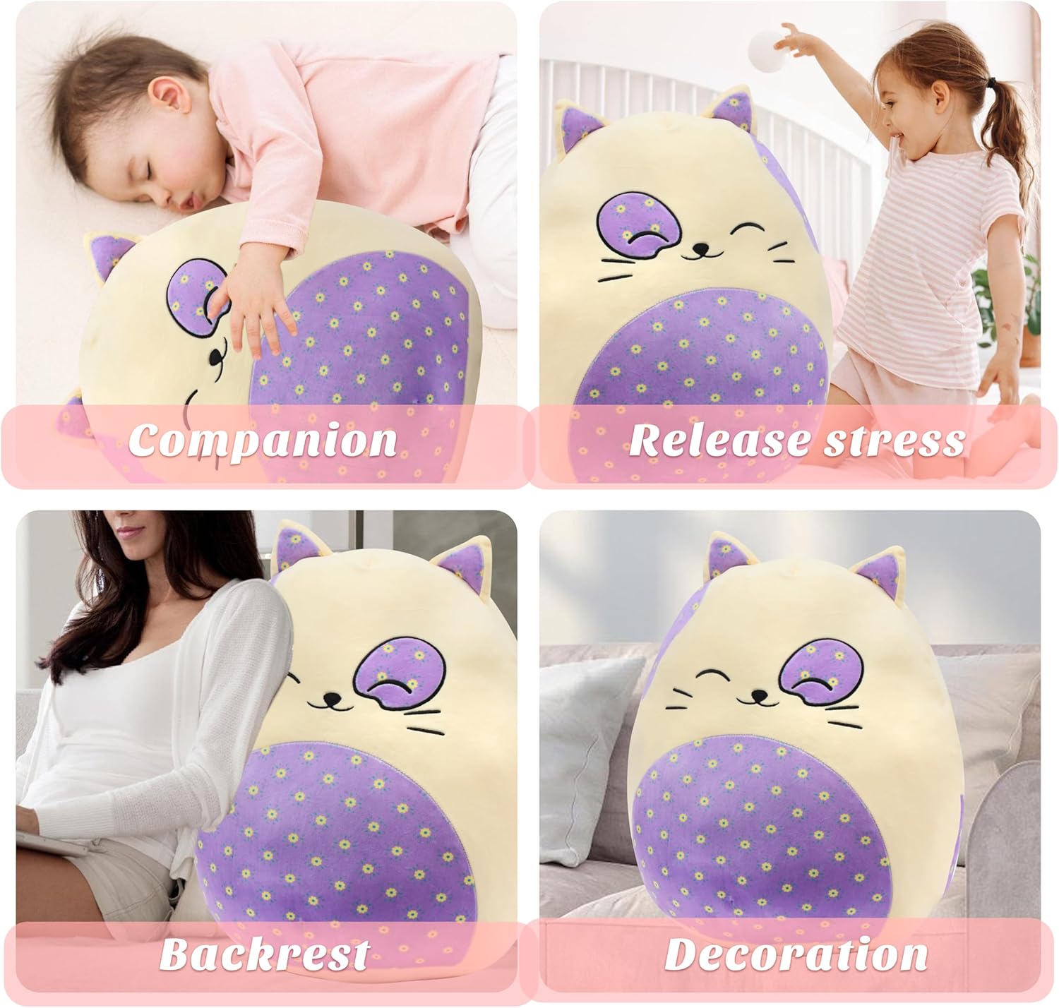 20-Inch Cute Cat Plush Pillow with Floral Belly