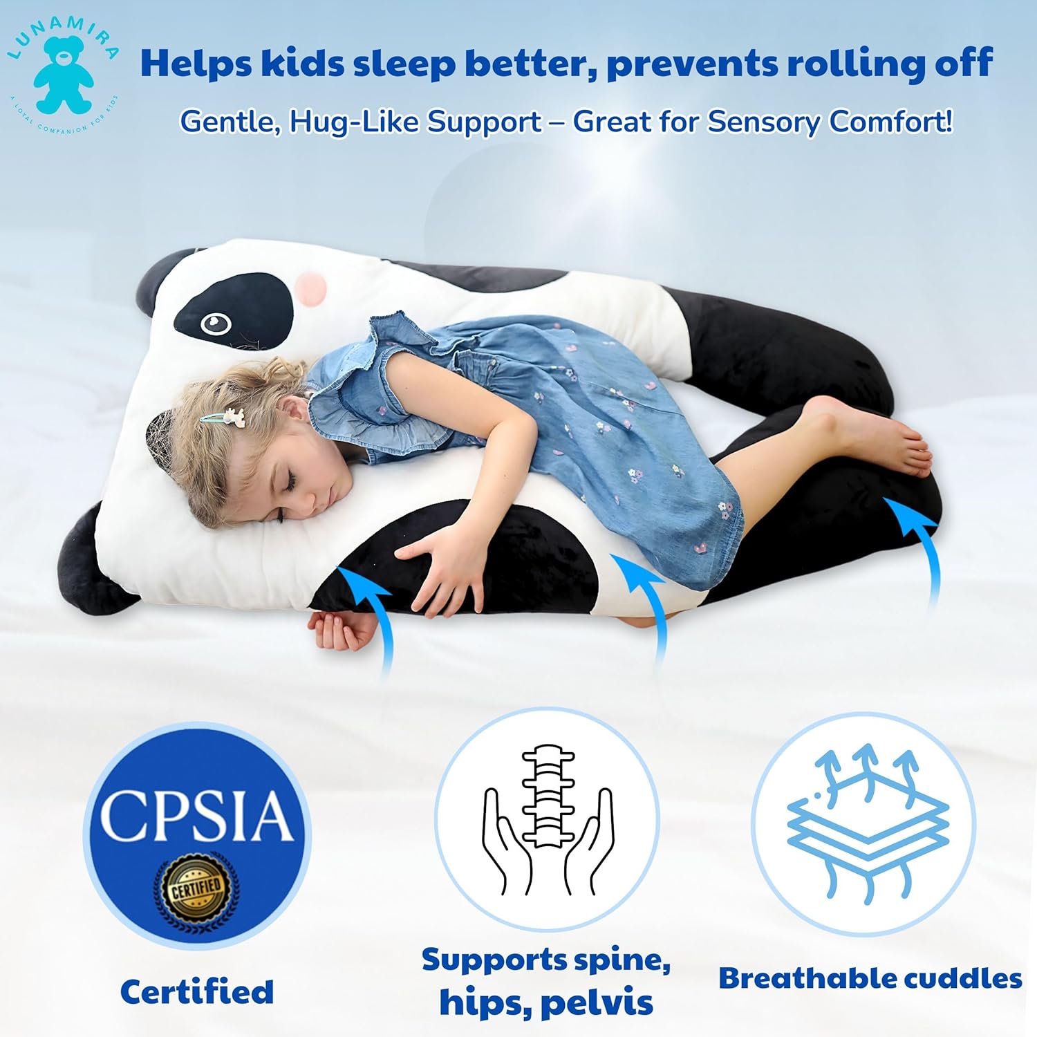 LUNAMIRA Panda Kids Body Pillow - 47 U-Shape Plush Comfort