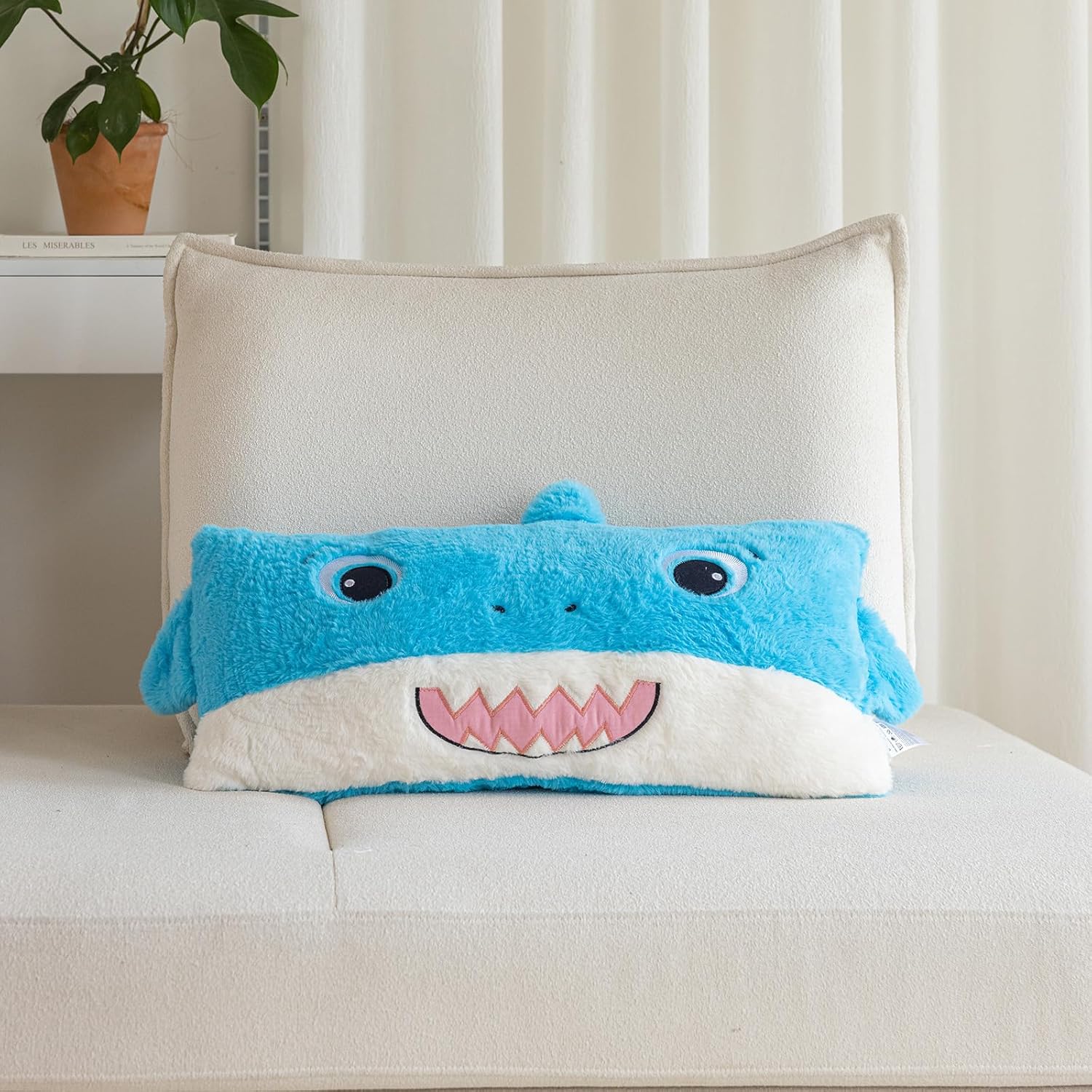 Snugtown Shark Plush Lumbar Pillow 12 x 24 Inches Baby Blue