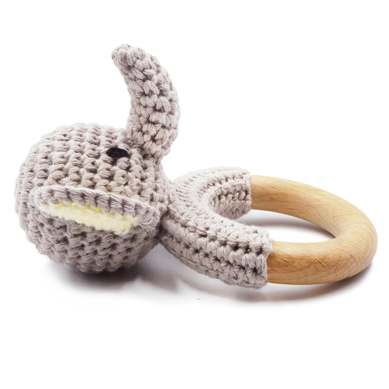 Joliecraft Gray Elephant Wooden Baby Rattle with Teether