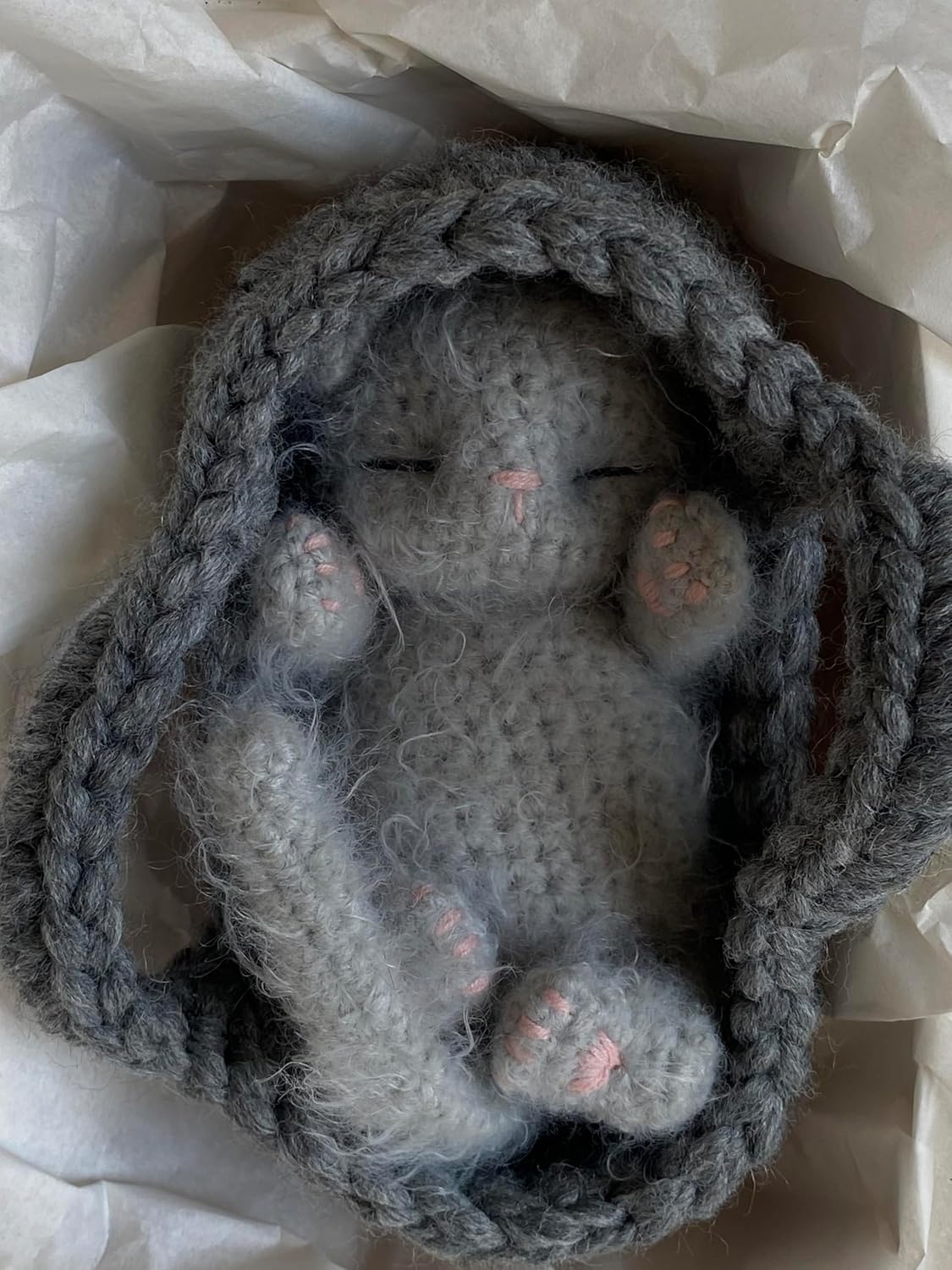 Fluffy Sleeping Kitten Grey Toy - Newborn Cat in Basket