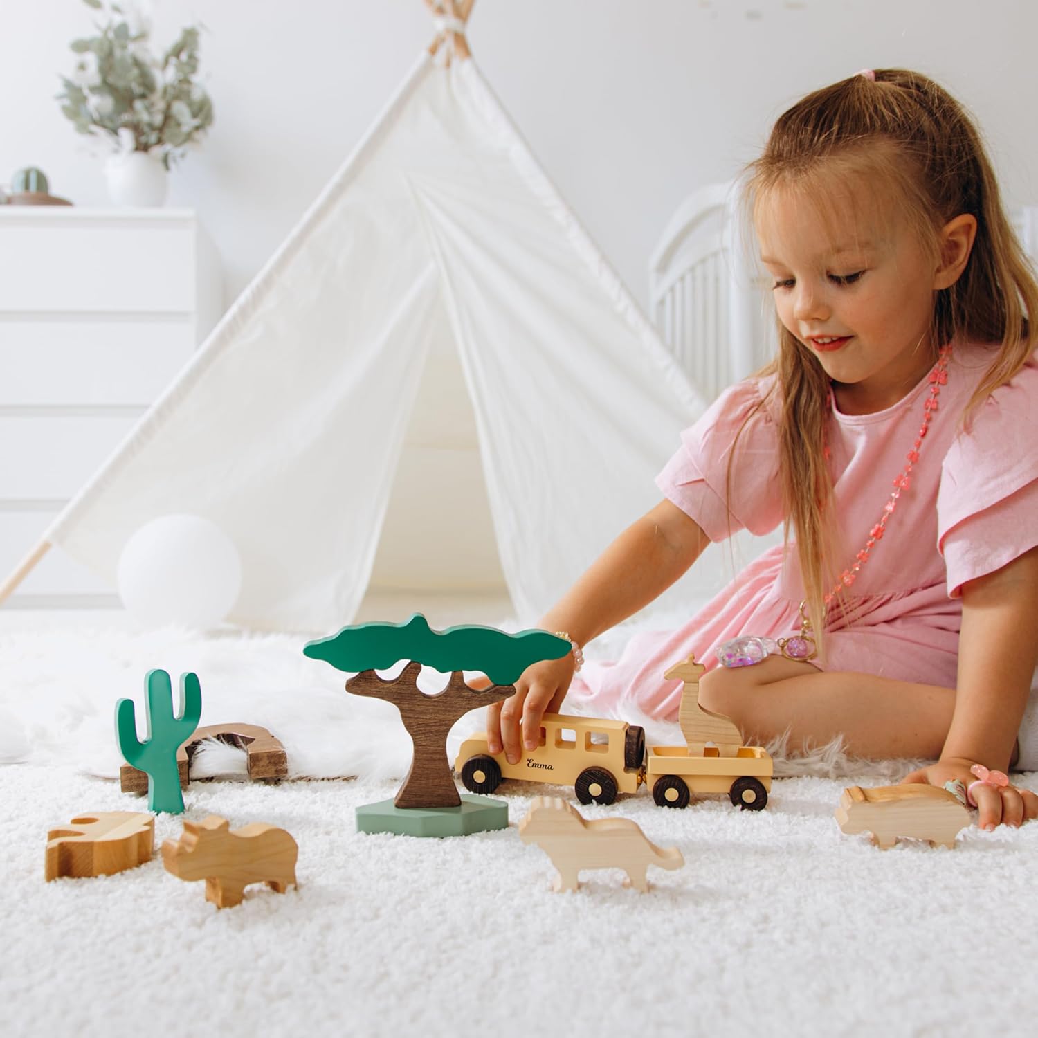 Personalized Wooden Car Dinosaur Play Set for Kids