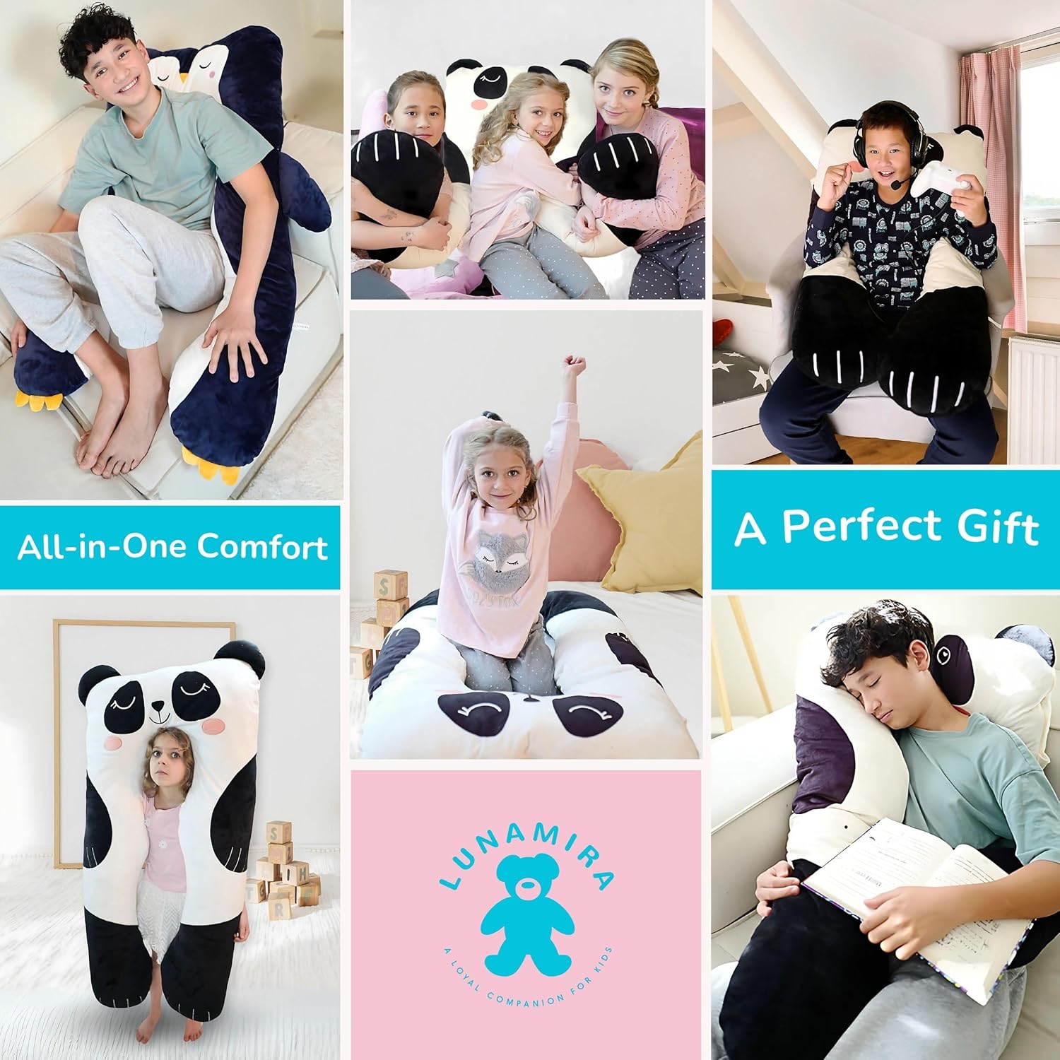 LUNAMIRA Panda Kids Body Pillow - 47 U-Shape Plush Comfort