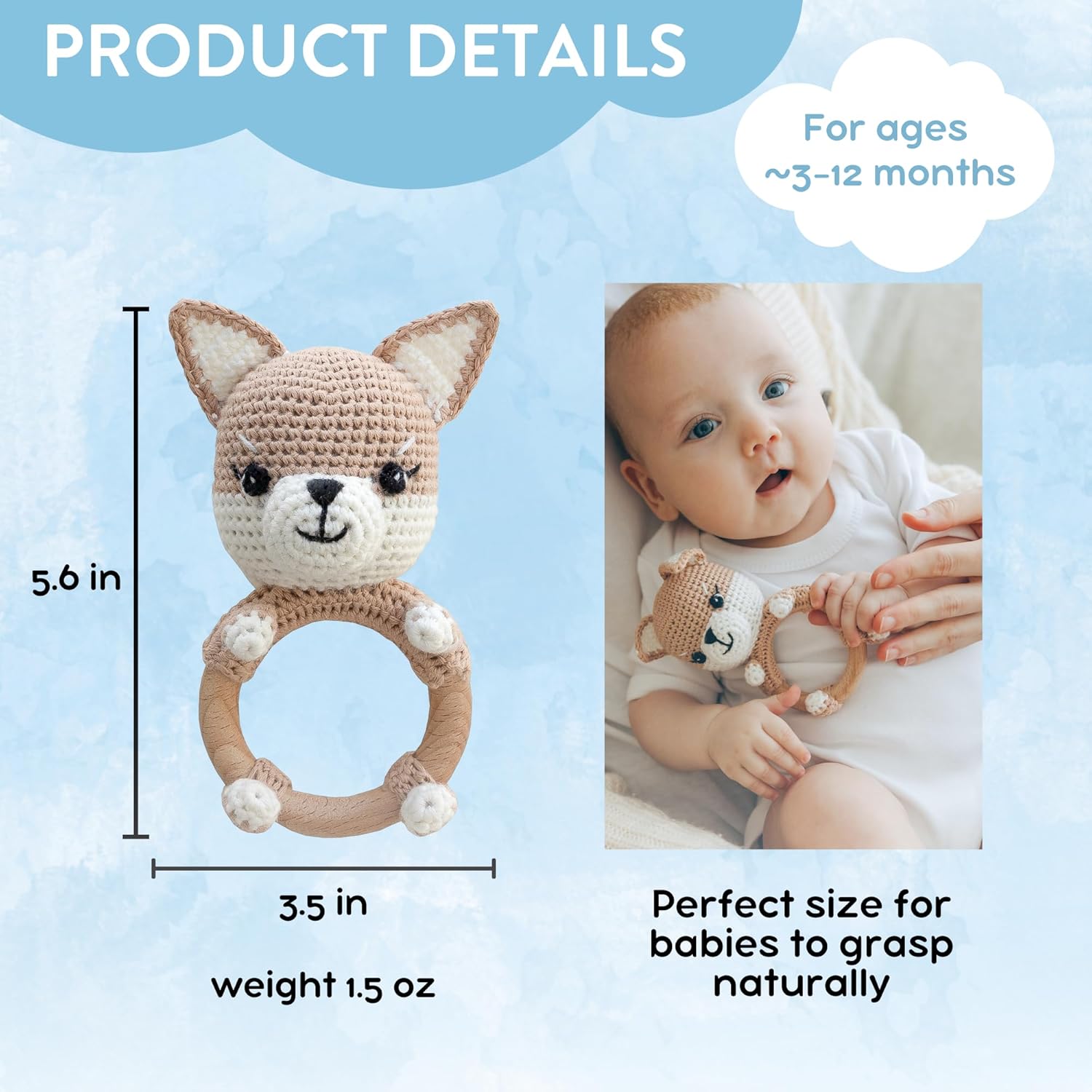 Handmade Wooden Dog Rattle Toy for Baby Teething