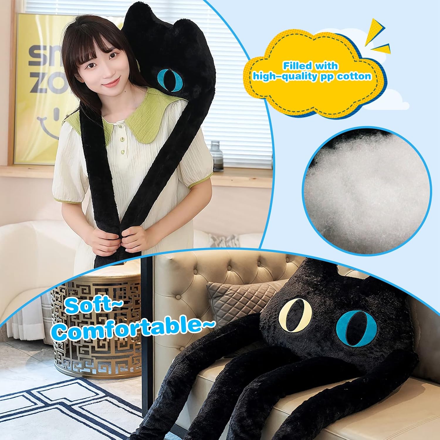 Long Cat Plush Pillow 39 Kawaii Black Cat Stuffed Animal Toy