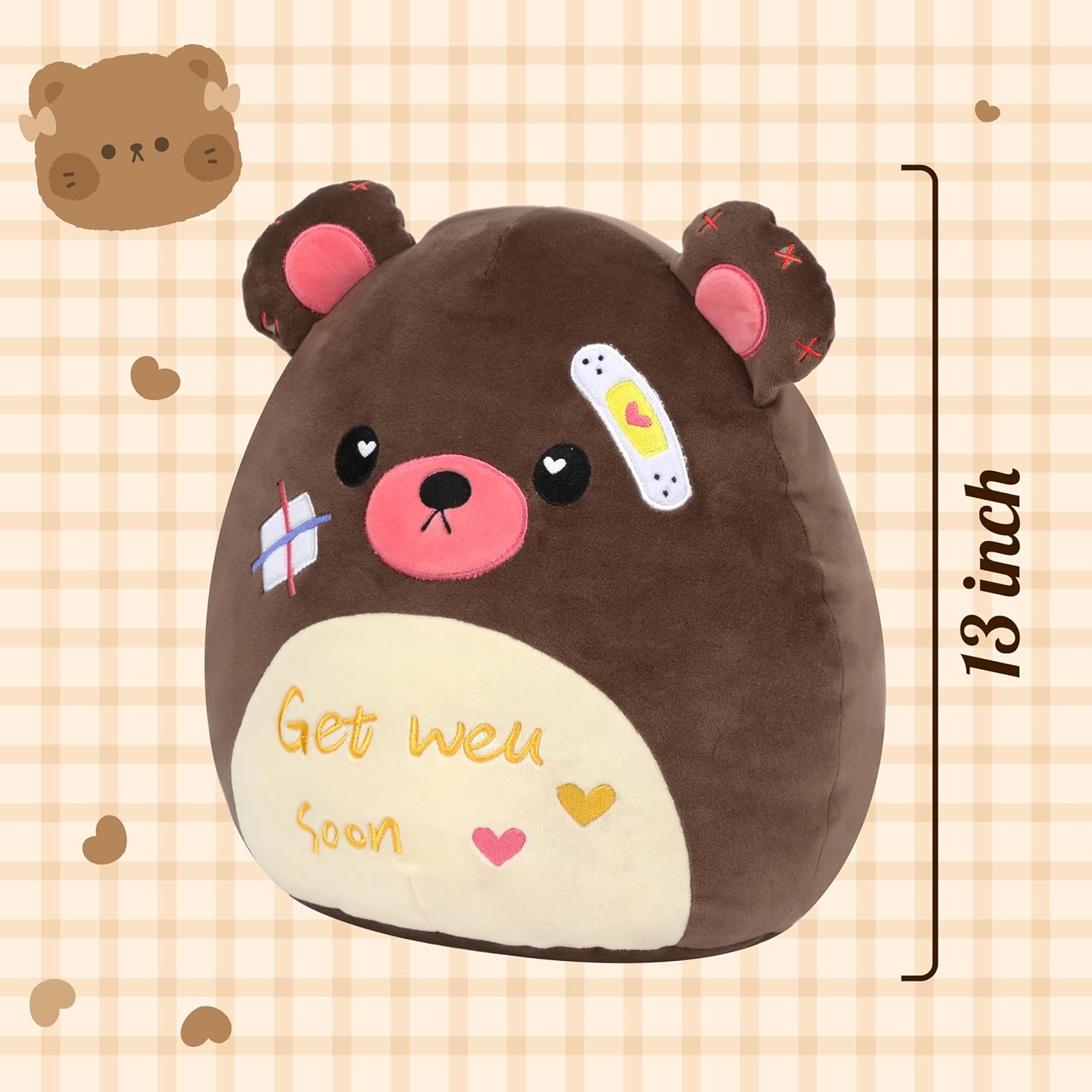 Easfan Get Well Soon Stuffed Bear Plush Pillow 13 Brown