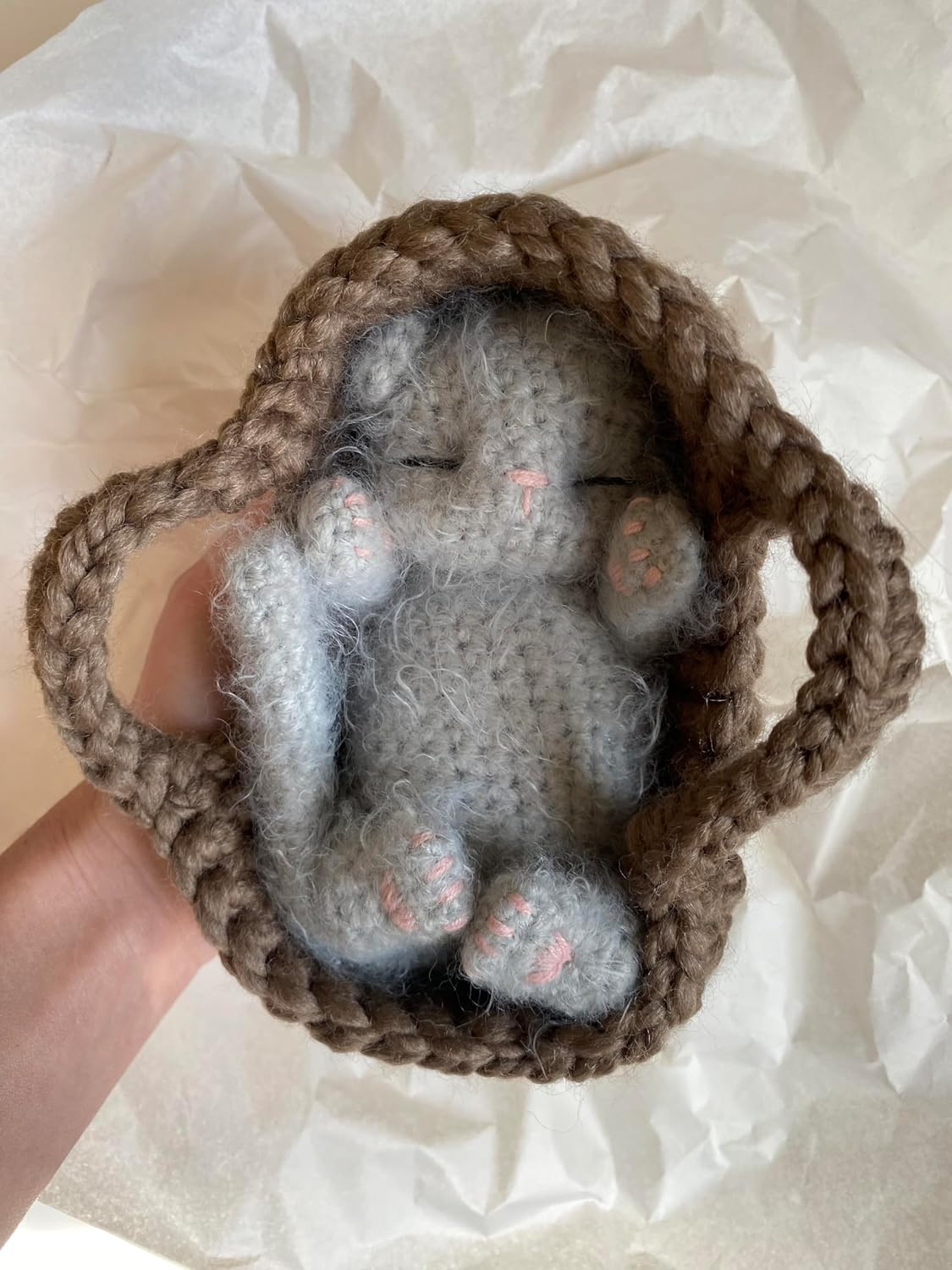 Fluffy Sleeping Kitten Grey Toy Crib Safe Crochet Kitten