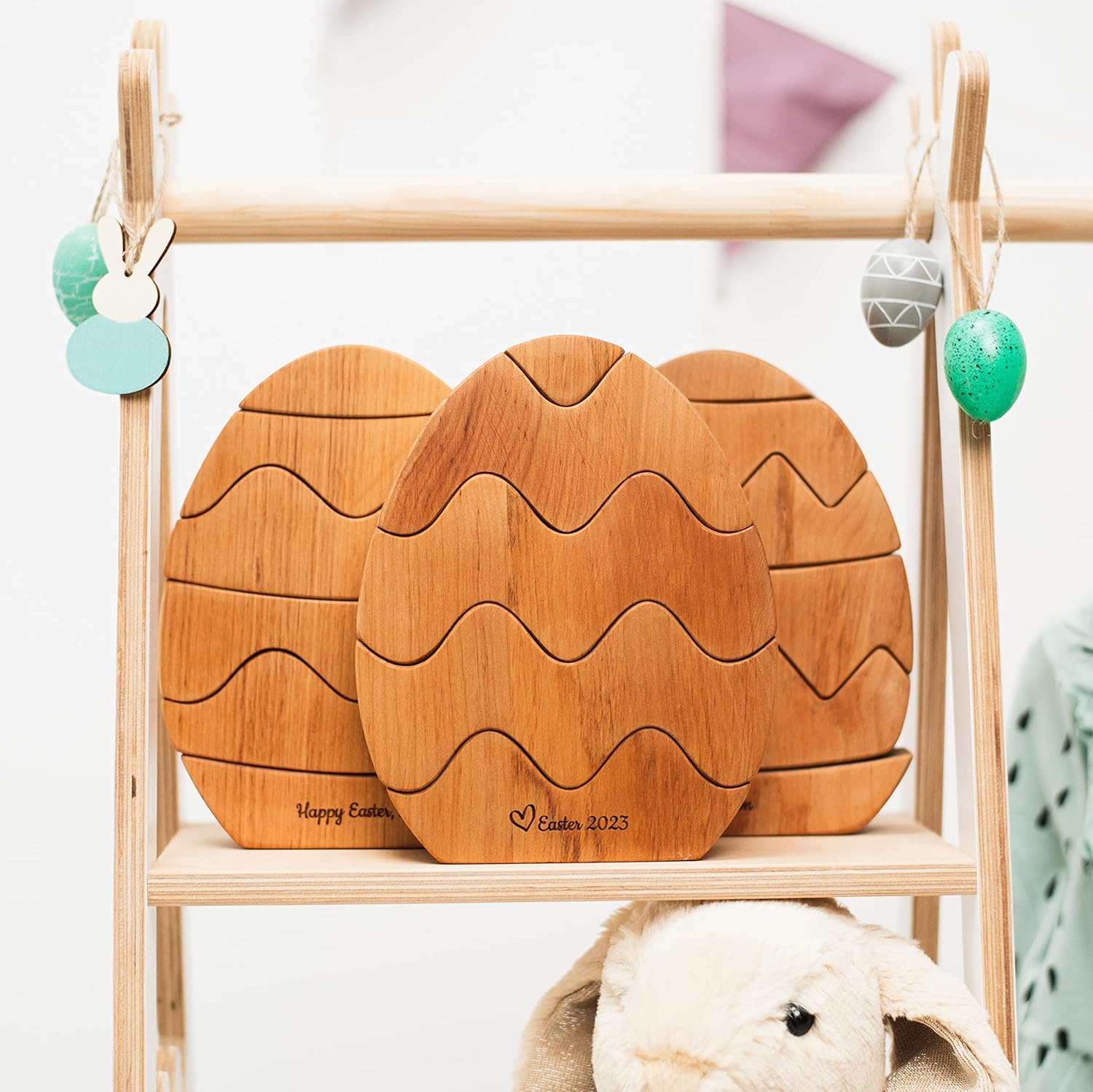 Personalized Wooden Bunny Stacker Egg Toy for Toddler
