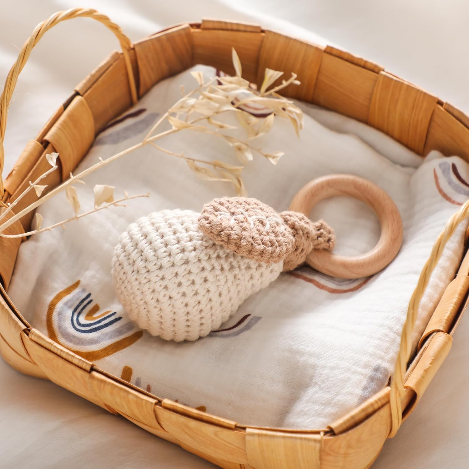 Wooden Teether Crochet Baby Rattle with Pear