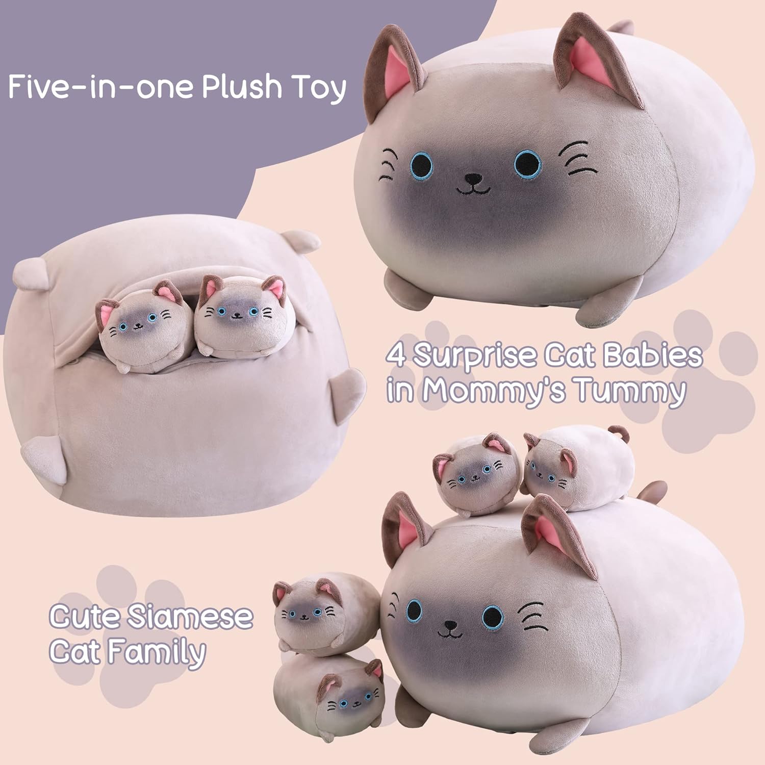 SQEQE Siamese Cat Plush Set 5 in 1 Stuffed Animal Pillow Kids Toy