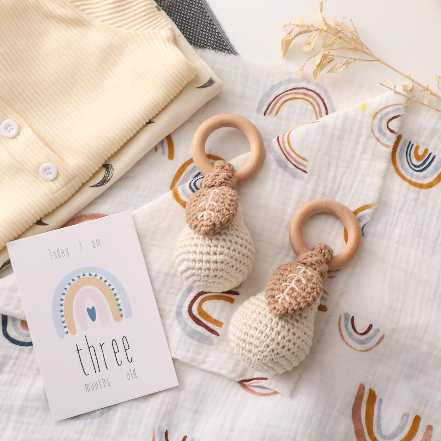 Wooden Teether Crochet Baby Rattle with Pear