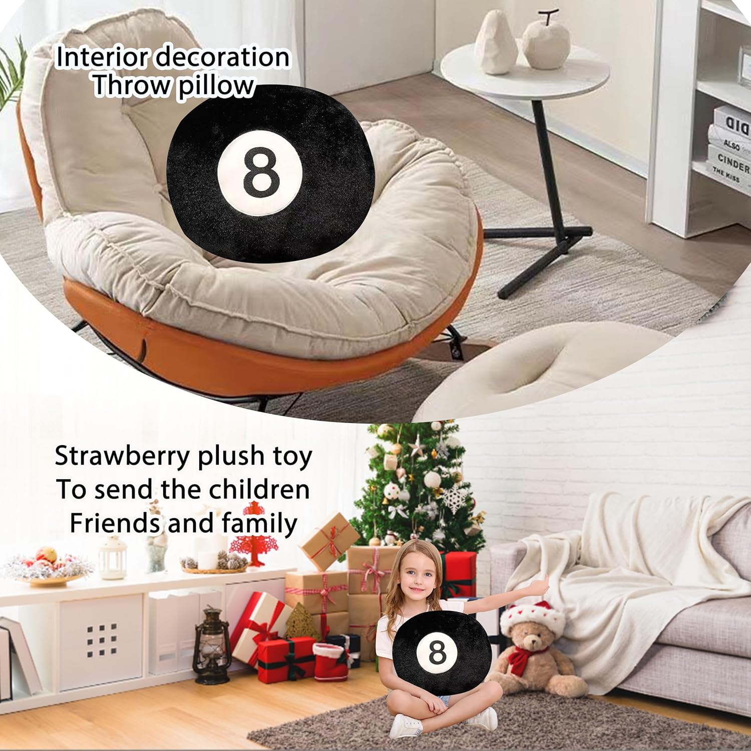 AUCOOMA Billiard Pillow 137 Fluffy 8 Ball Plush Cushion Black