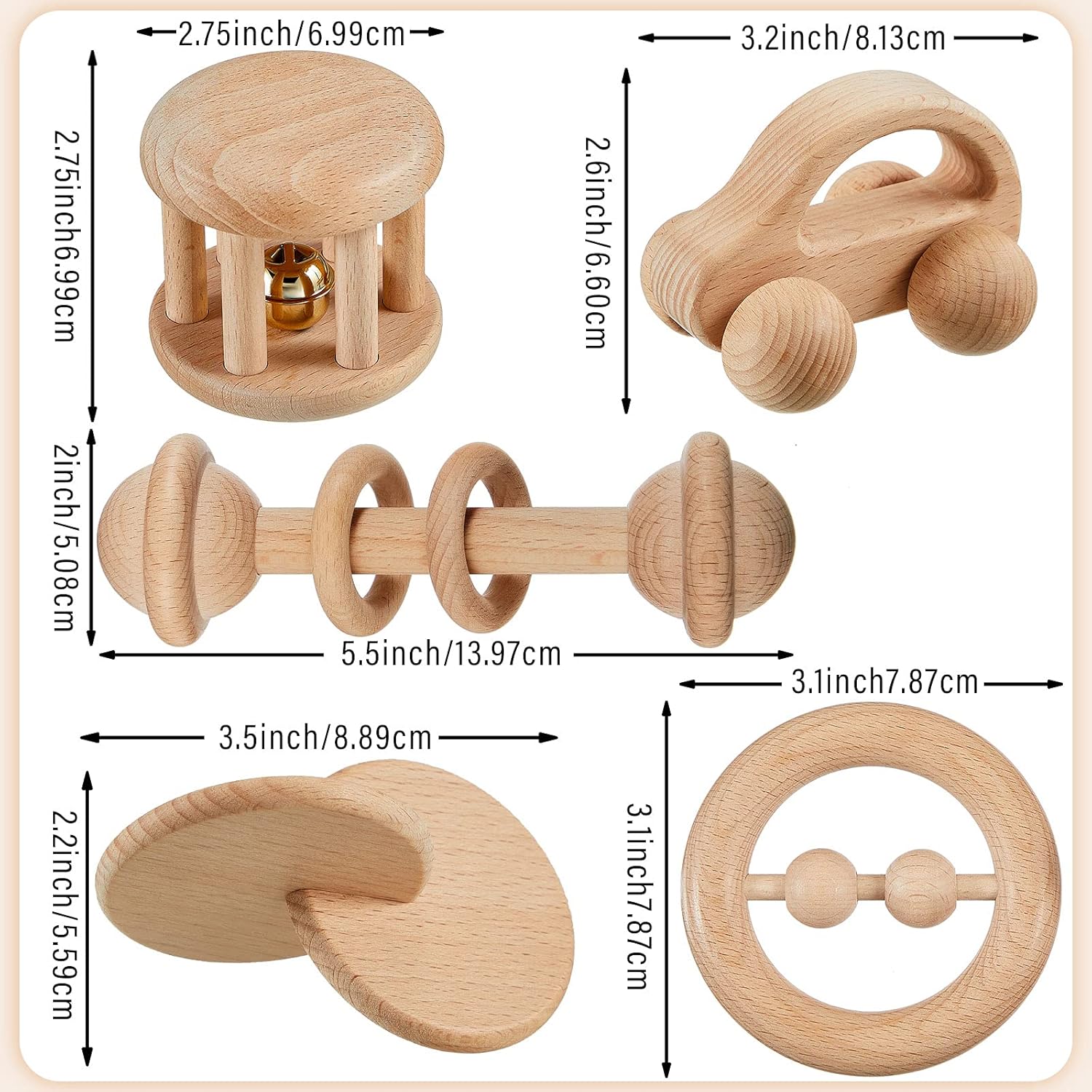 Zhanmai 5-Piece Wooden Baby Toys with Bells and Rattles