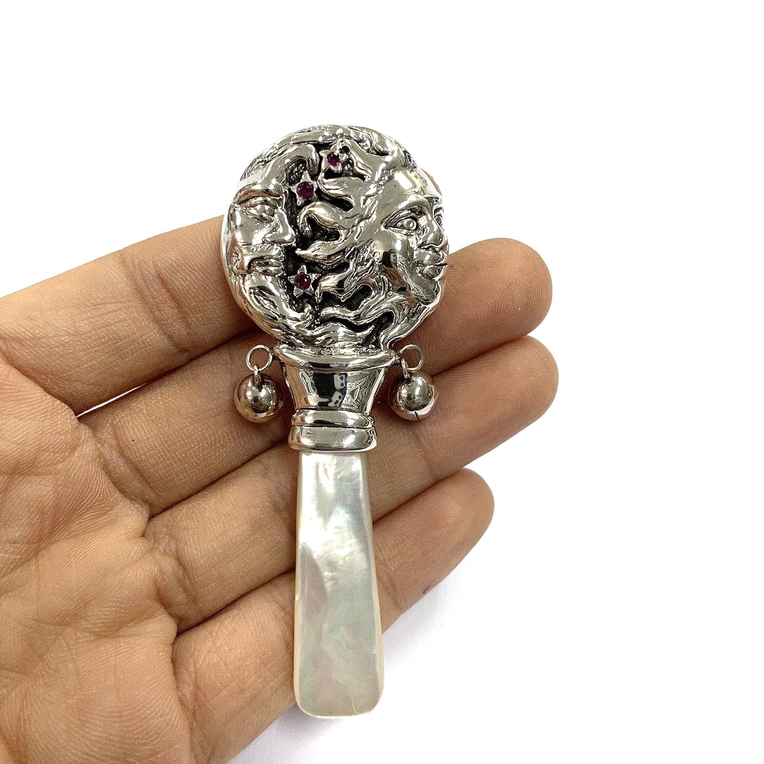 Victorian Style Day Night Baby Rattle with Ruby Stone Handle