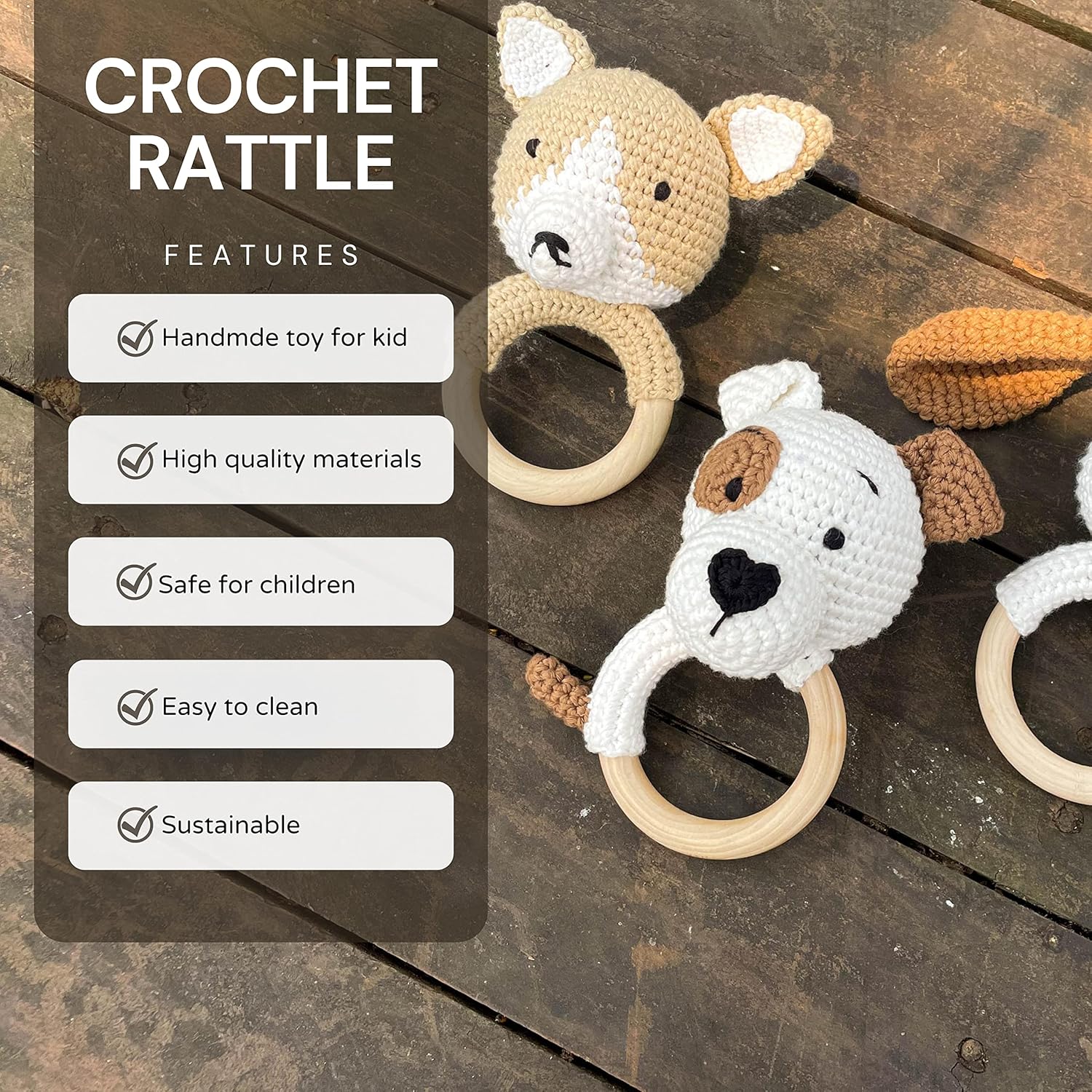 Bunny Rattles Toy for Babies Handmade Woolen Rattle with Safe Wood
