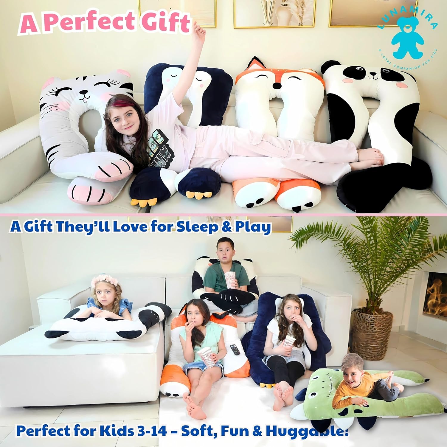 LUNAMIRA Panda Kids Body Pillow - 47 U-Shape Plush Comfort